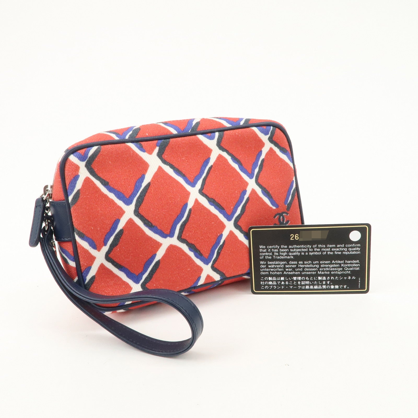 CHANEL COCO Mark COCO Beach Canvas Pouch Red Navy Silver HDW Used
