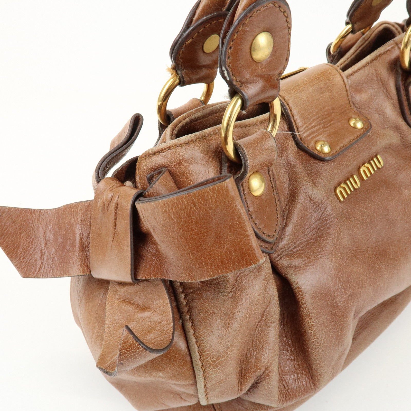 MIU MIU Leather Side Ribbon 2Way Shoulder Bag Hand Bag Brown RN0686