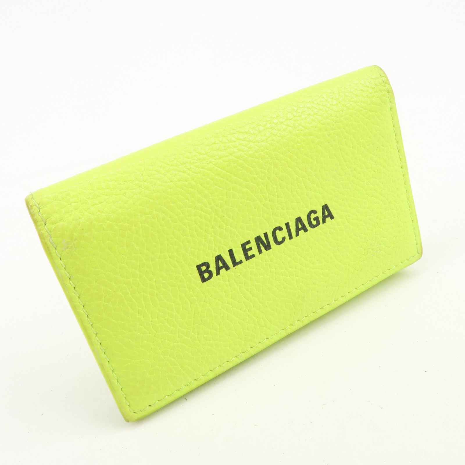 BALENCIAGA Logo Leather Key Case Key Holder Neon Yellow