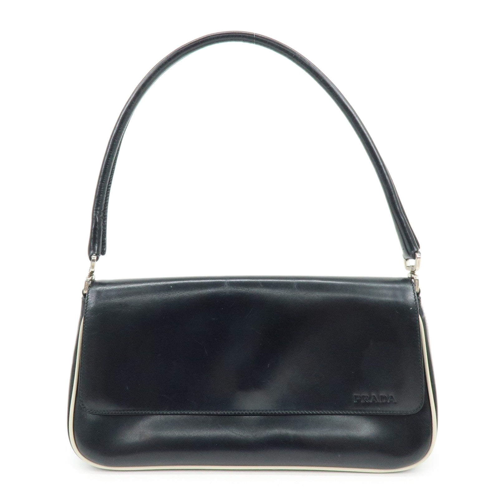 PRADA Logo Leather Shoulder Bag Hand Bag Black White