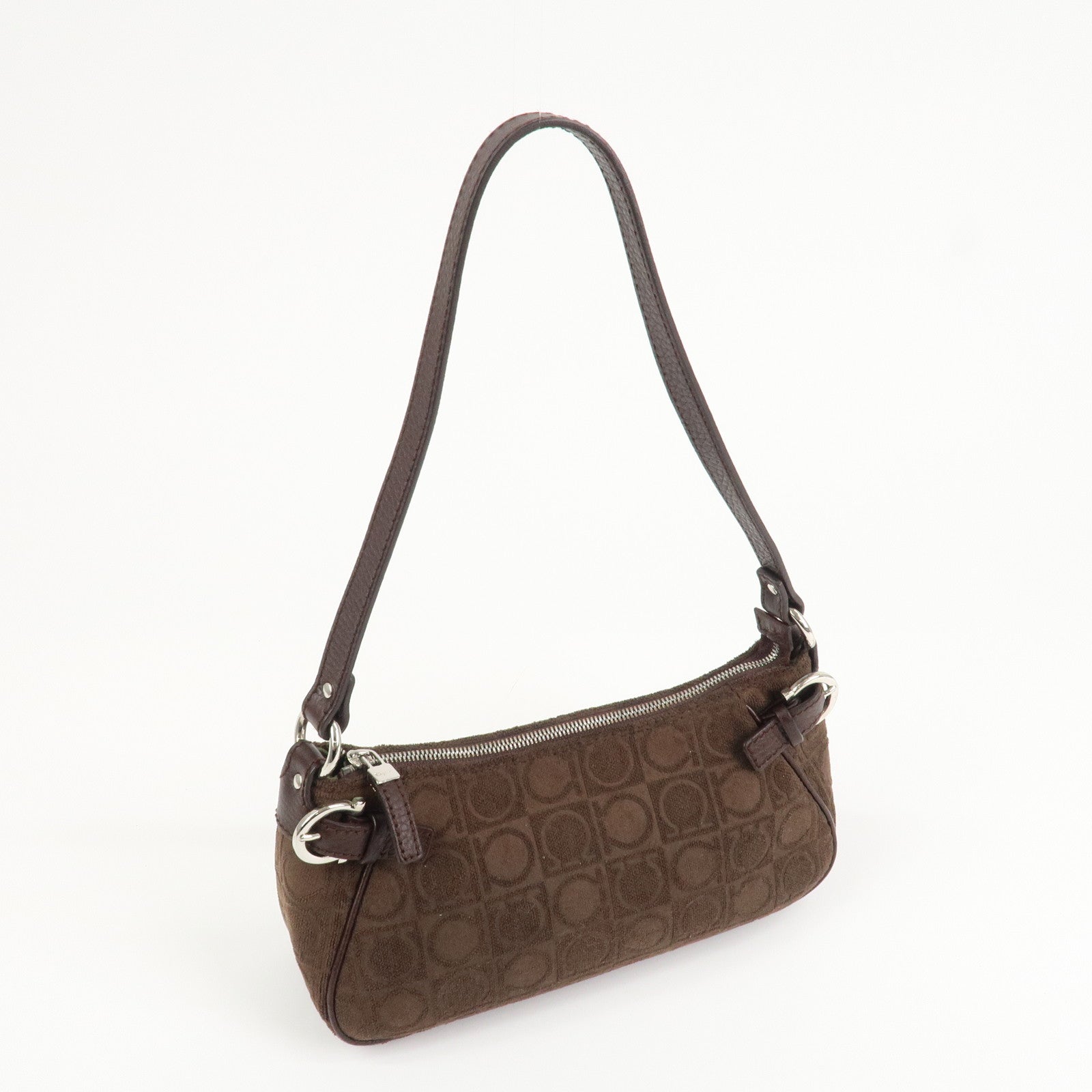 Ferragamo Gancini Leather Cotton Accessory Pouch Hand Bag Brown