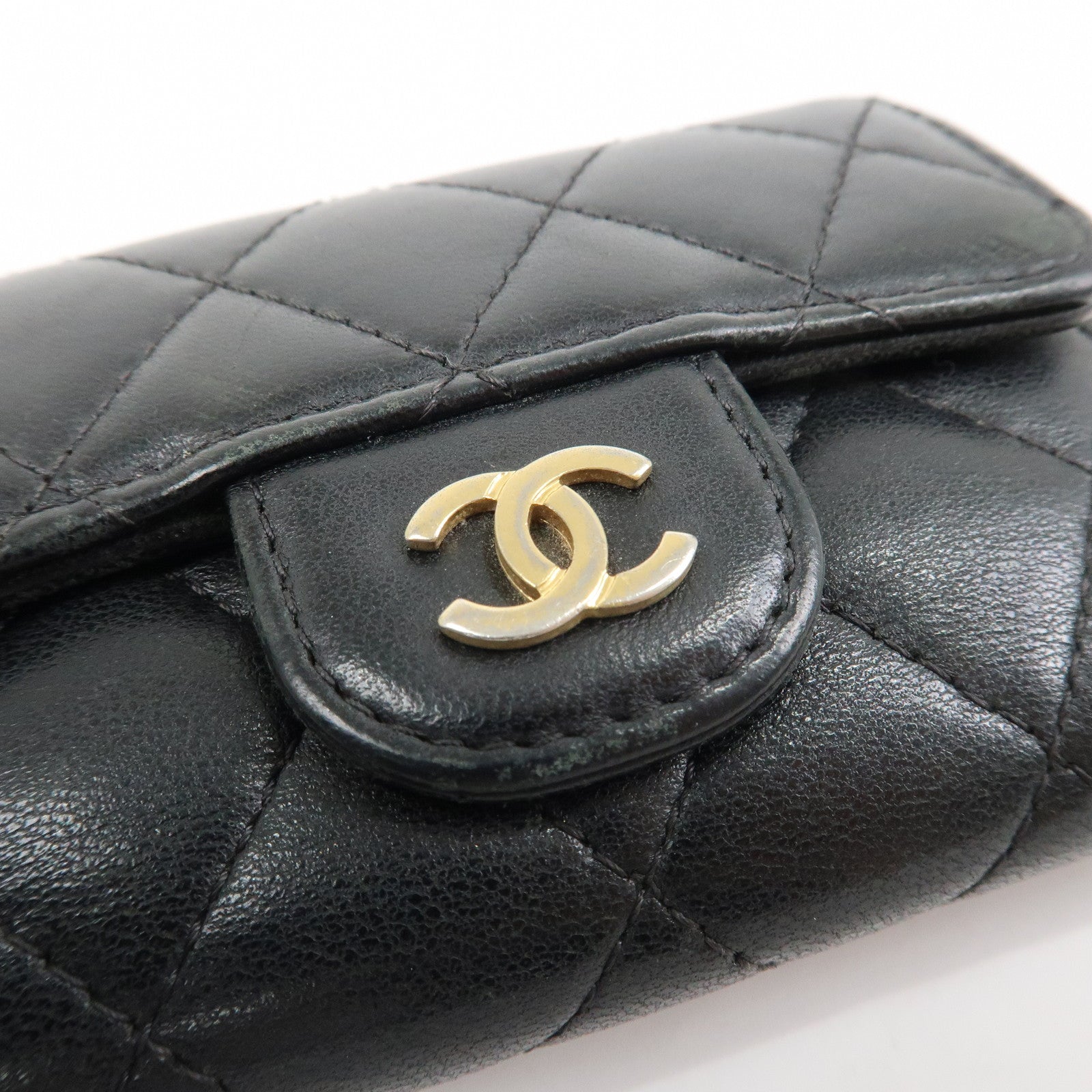 CHANEL COCO Mark Lamb Skin 4 Rings Key Case Black Gold AP0222