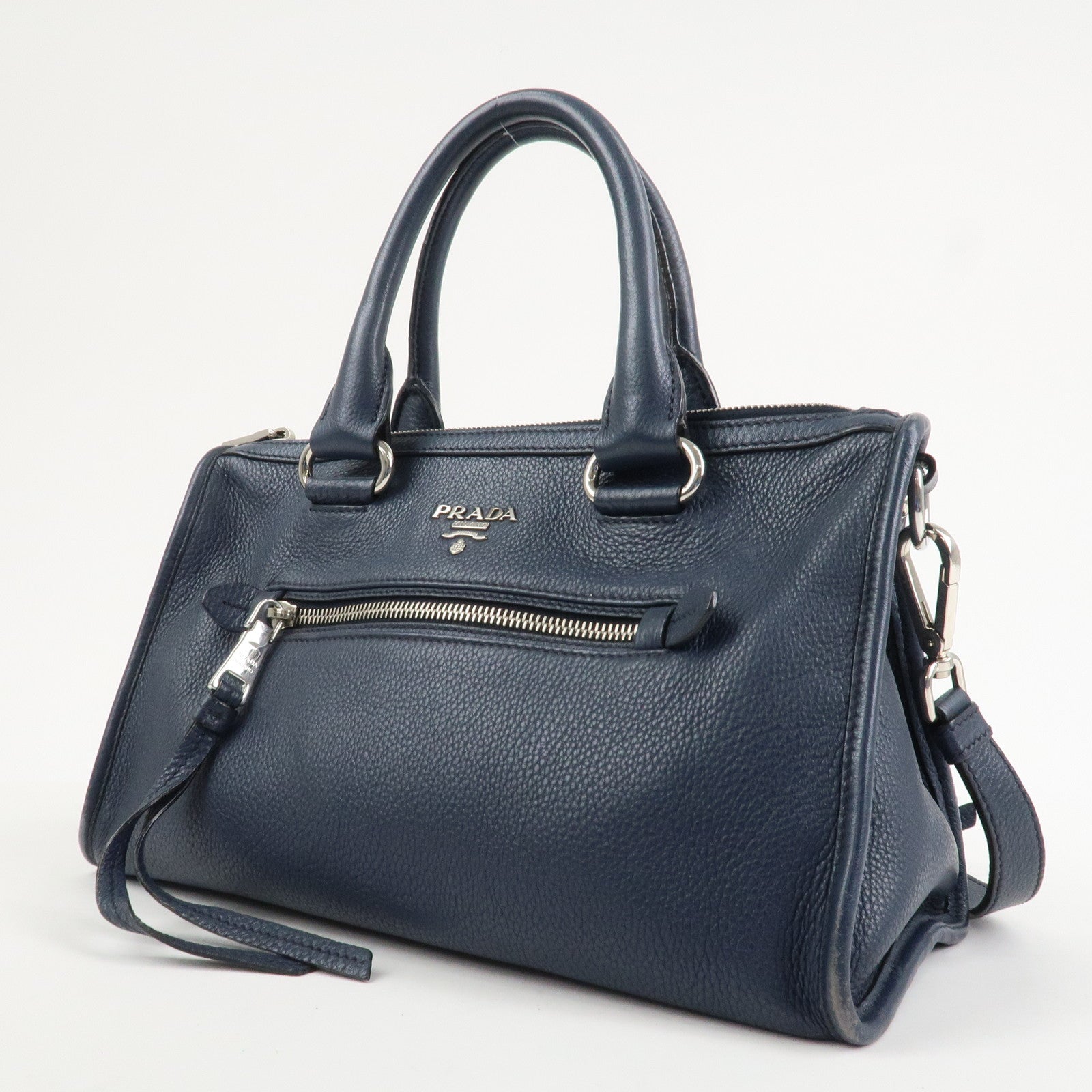 PRADA Logo Leather Vitello Phenix 2WAY Bag Hand Bag Navy 1BB022
