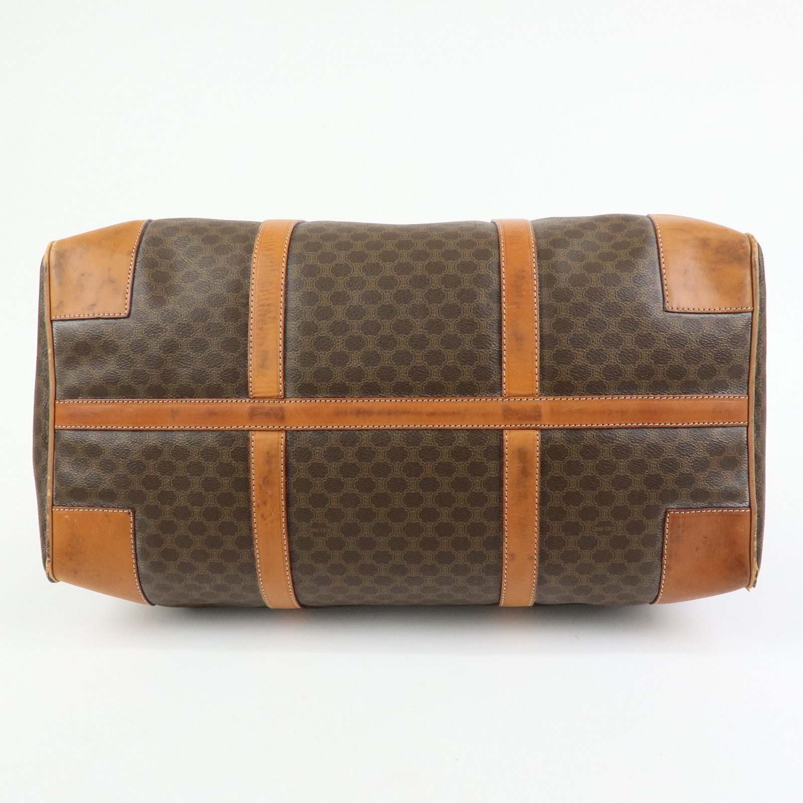 CELINE Logo Macadam PVC Leather Boston Bag Hand Bag Brown