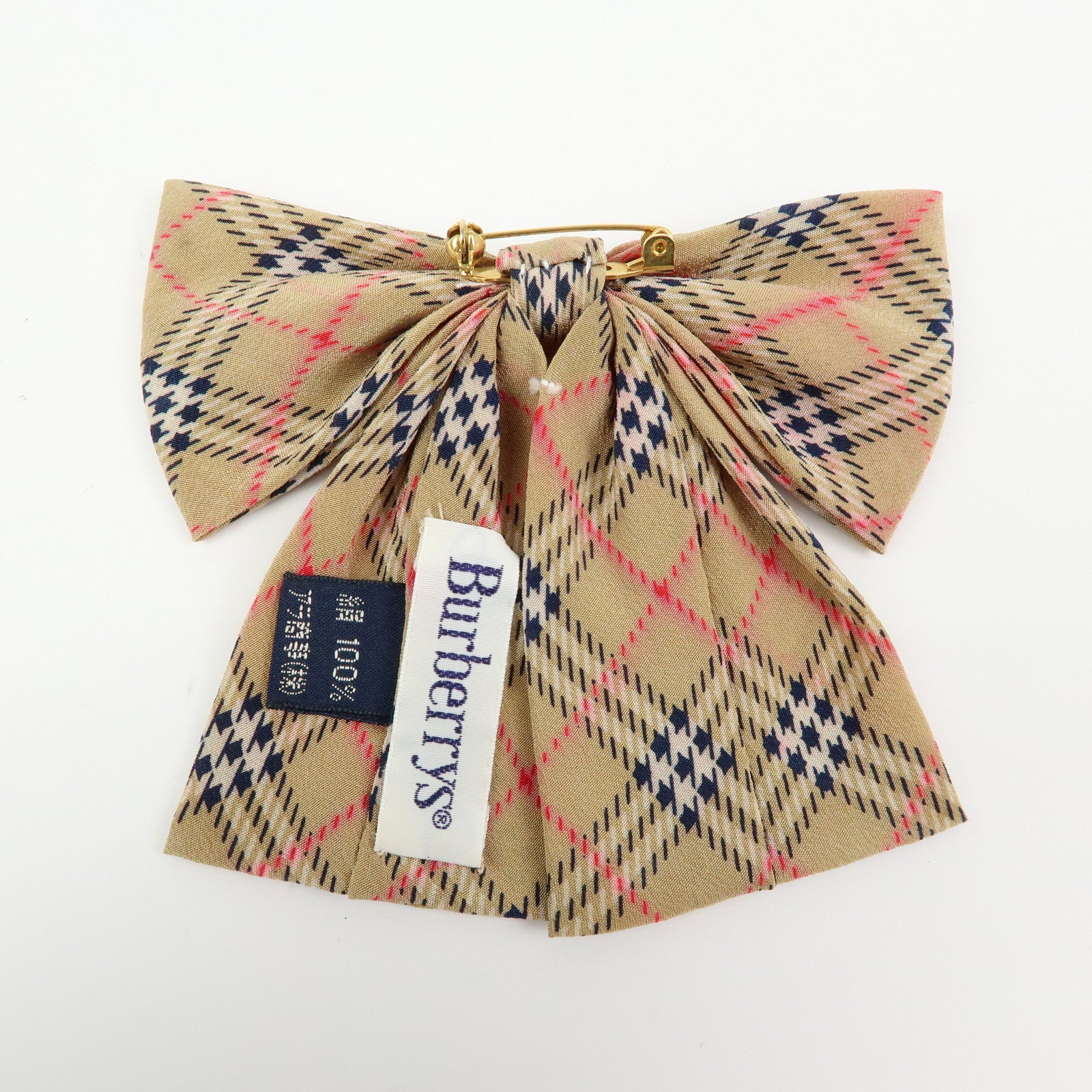 BURBERRY Nova Plaid Ribbon Silk 100% Metal Brooch Beige