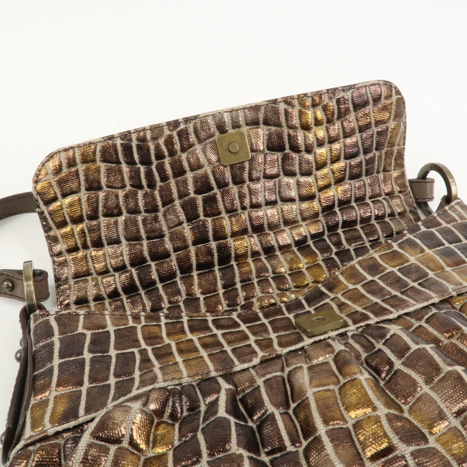 FENDI Canvas Leather Shoulder Bag Hand Bag Metallic Brown 8BR445