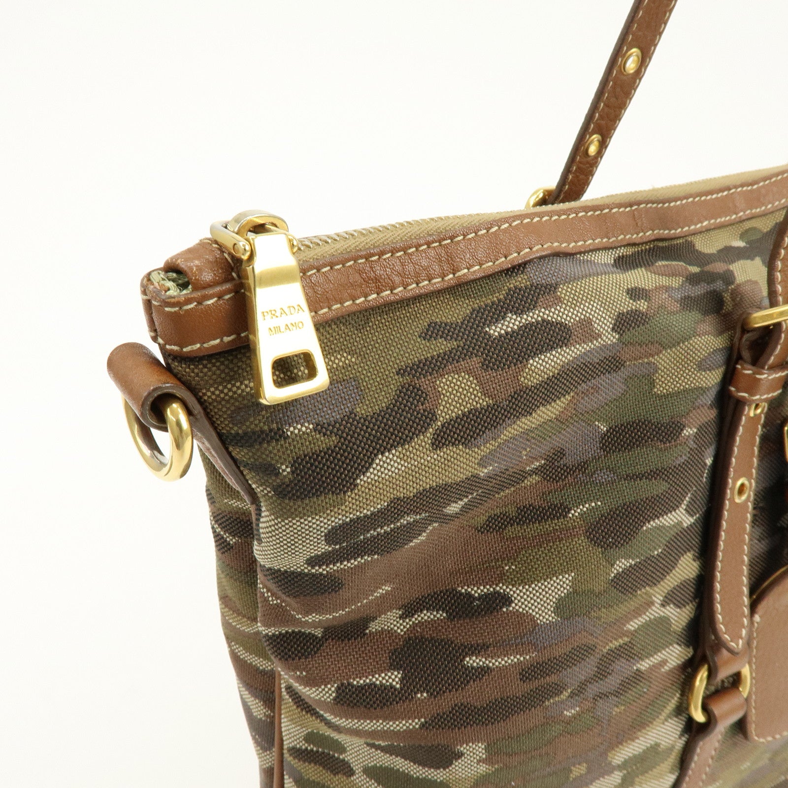 PRADA Canvas Leather Tote Bag Shoulder Bag Camouflage Brown Khaki