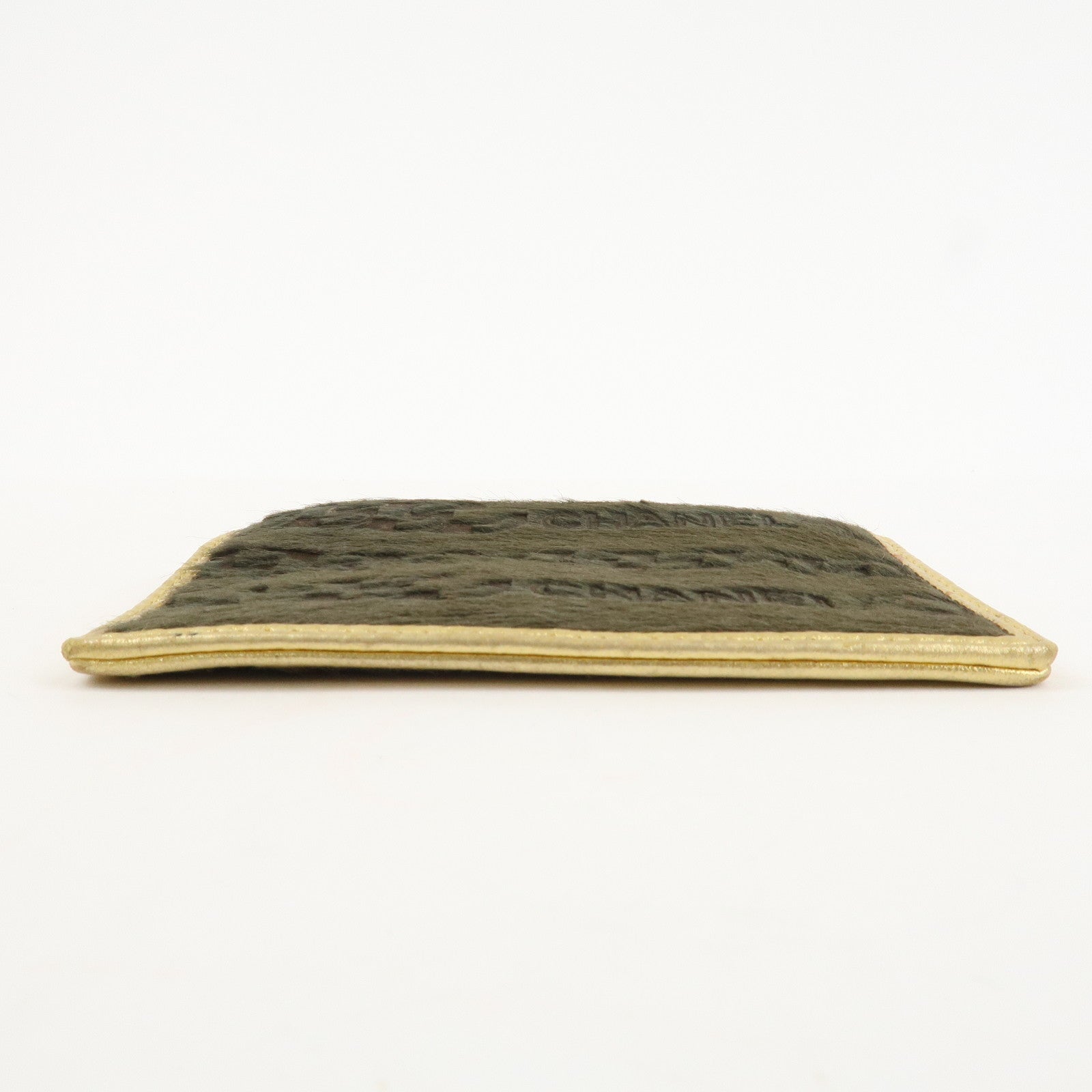 CHANEL Leather Unborn Calf Coin Case Gold Khaki Used