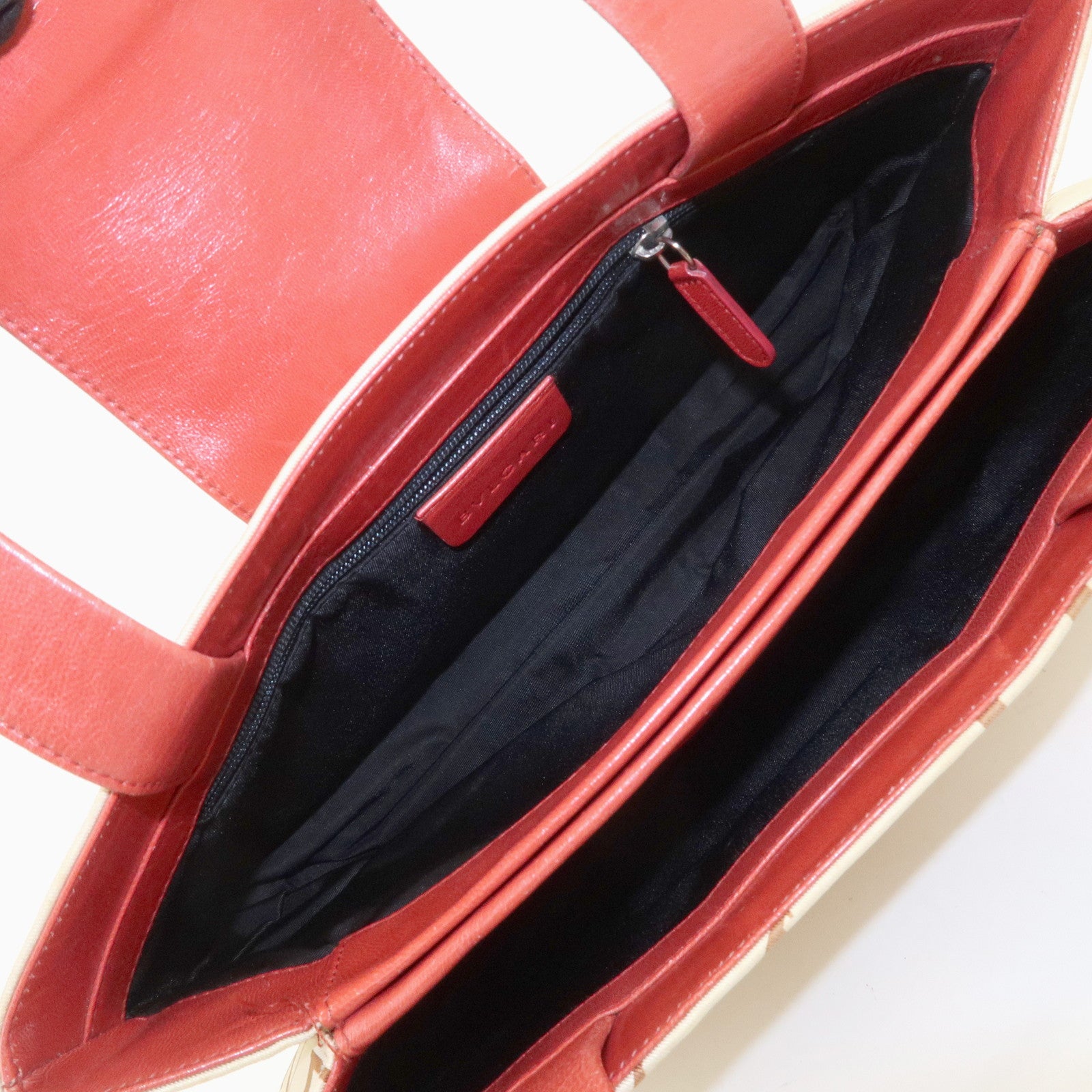 BVLGARI Logo Mania Leather Canvas Shoulder Bag Beige Red