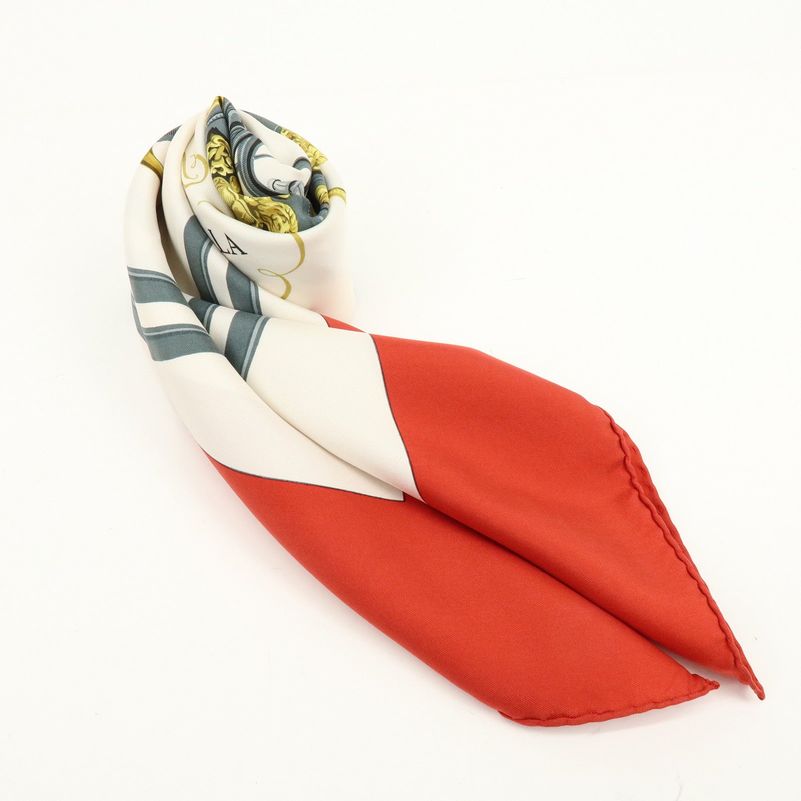HERMES Carre 90 Silk 100% BRIDES DE GALA Scarf White Red