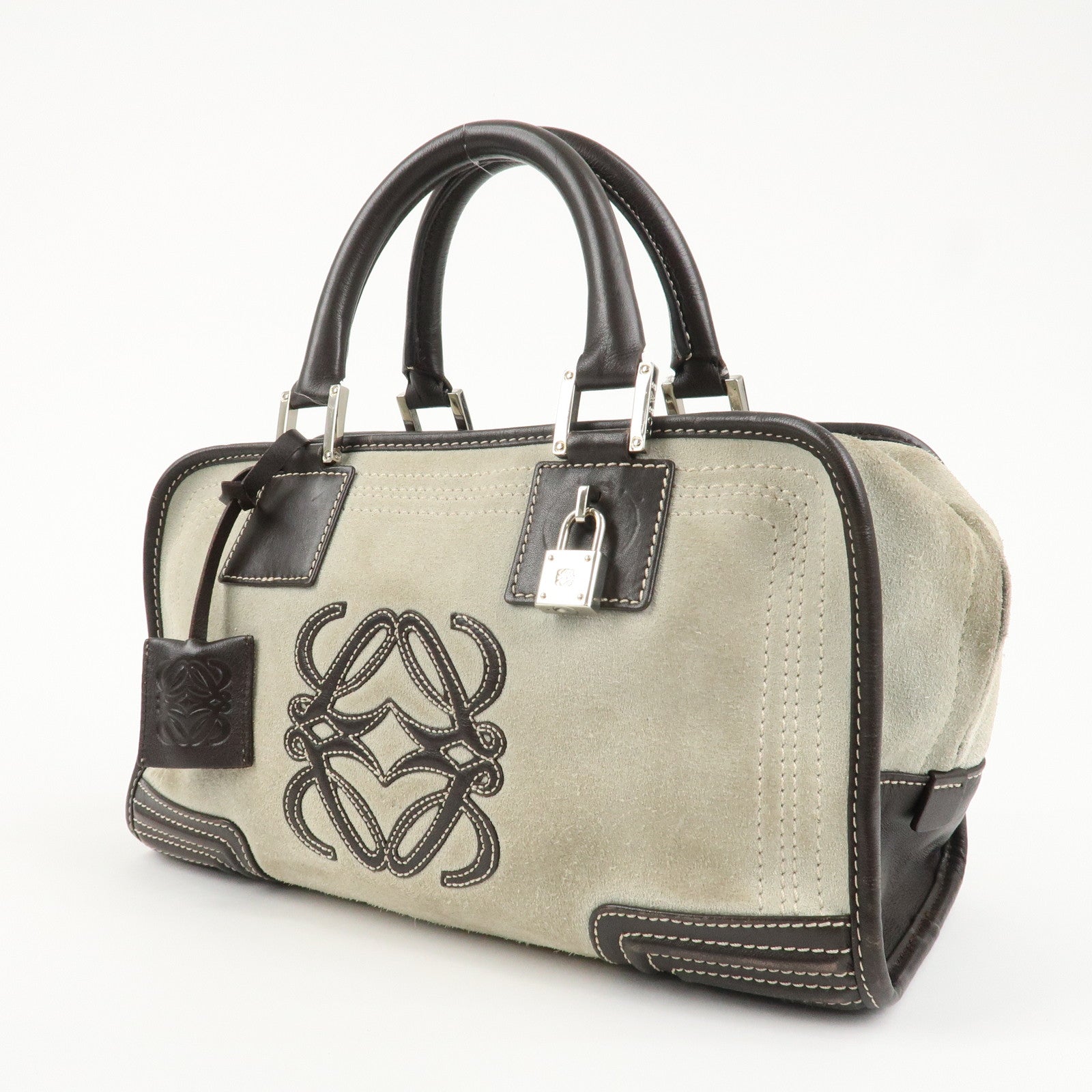 LOEWE Anagram Amazona 28 Suede Leather Hand Bag Ivory Brown Used