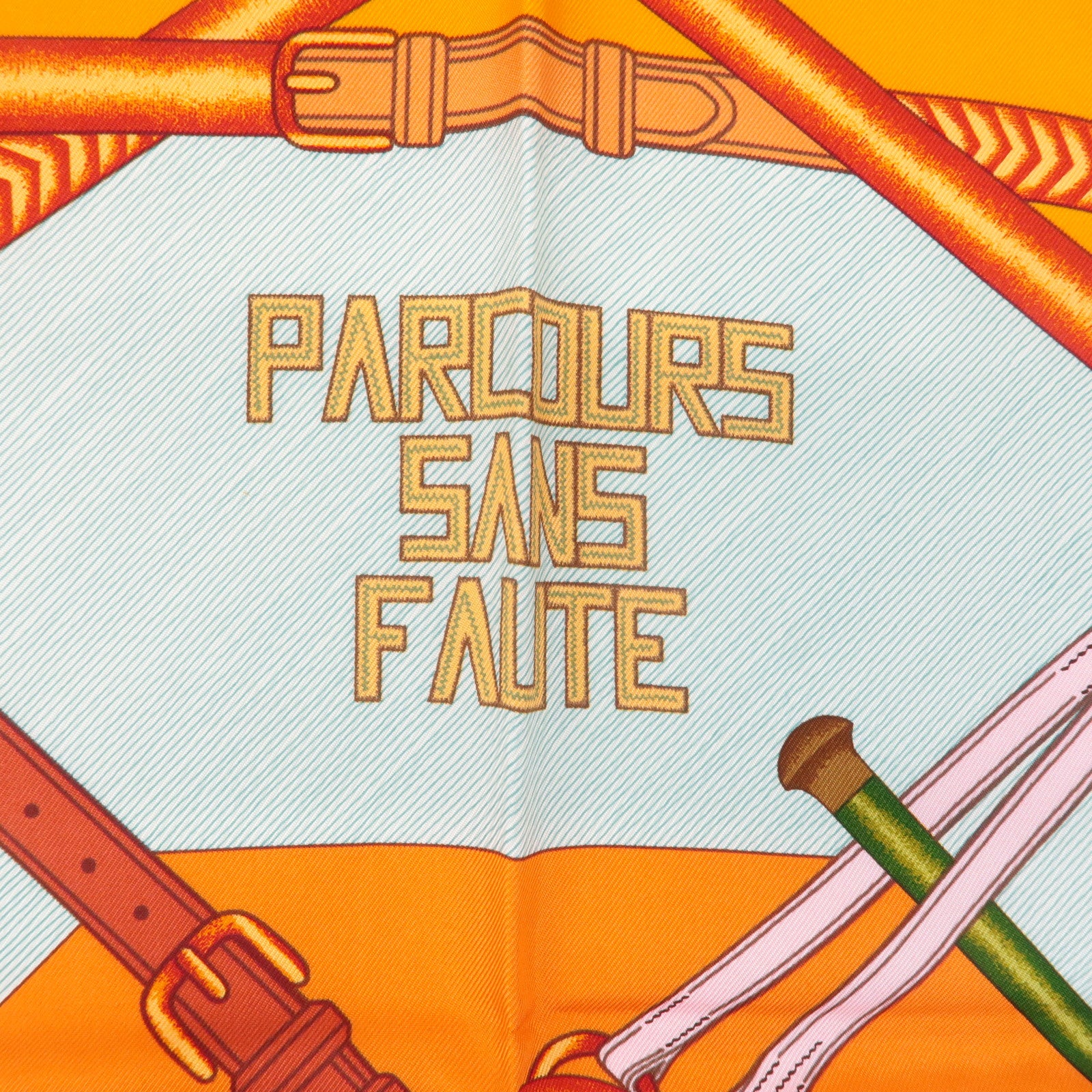 HERMES Carre 90 Silk 100% Scarf PARCOURS SANS FAUTE Orange Blue Used