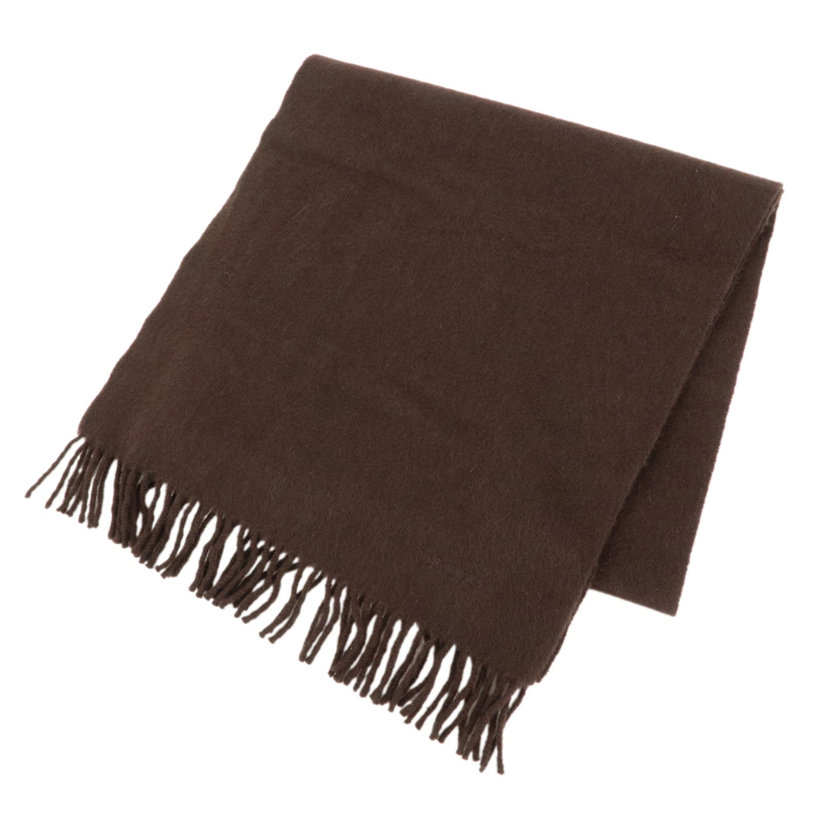 HERMES Logo Cashmere 100% Scarf Stole Fringe Dark Brown