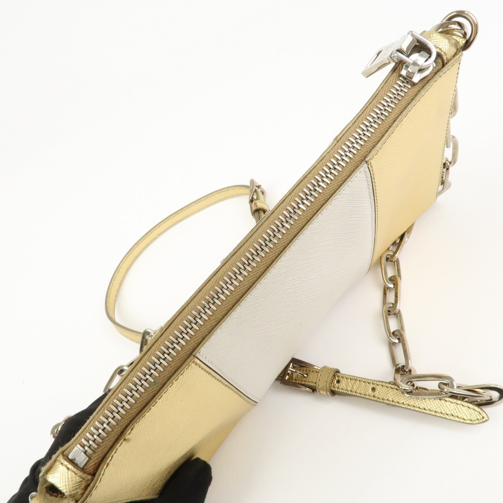PRADA Logo Leather Crossbody Chain Shoulder Bag Gold BT947C