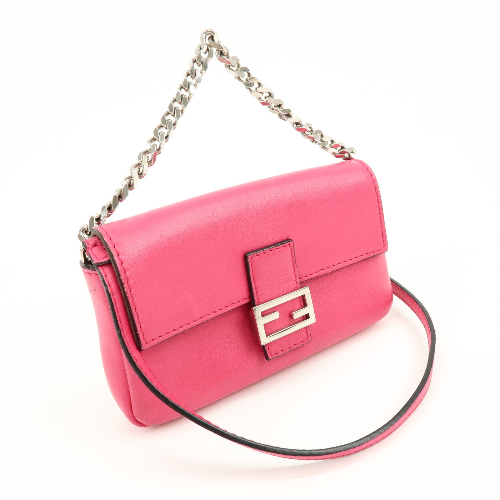 FENDI Leather Micro Baguette Shoulder Bag Crossbody Bag Pink 8M0354