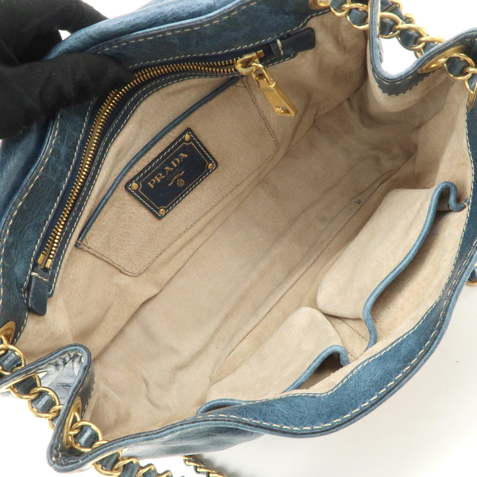 PRADA Leather Chain Shoulder Bag Blue Gold Hardware BR4659 Used