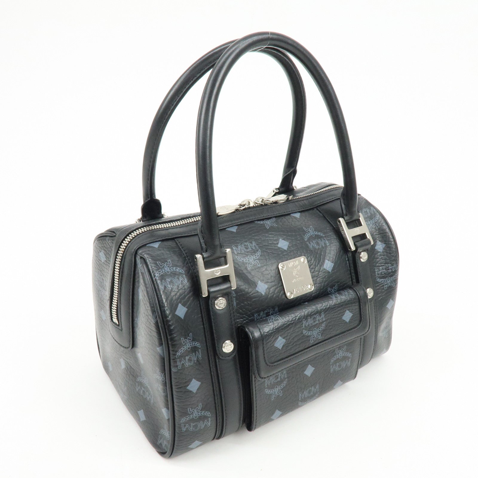 MCM Visetos PVC Leather Boston Bag Hand Bag Black