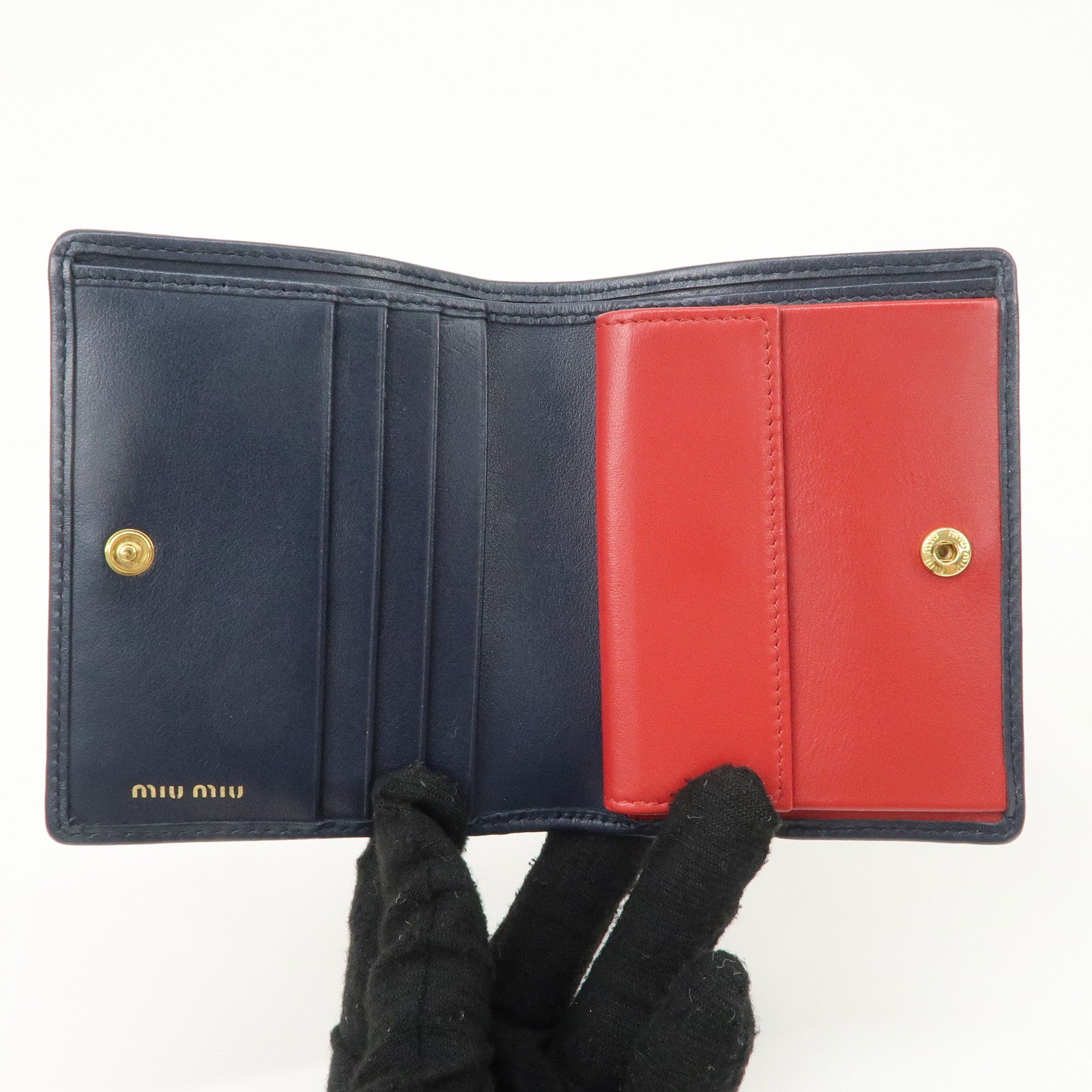 MIU MIU Cherry Denim Leather Bifold Compact Wallet Navy Red Used