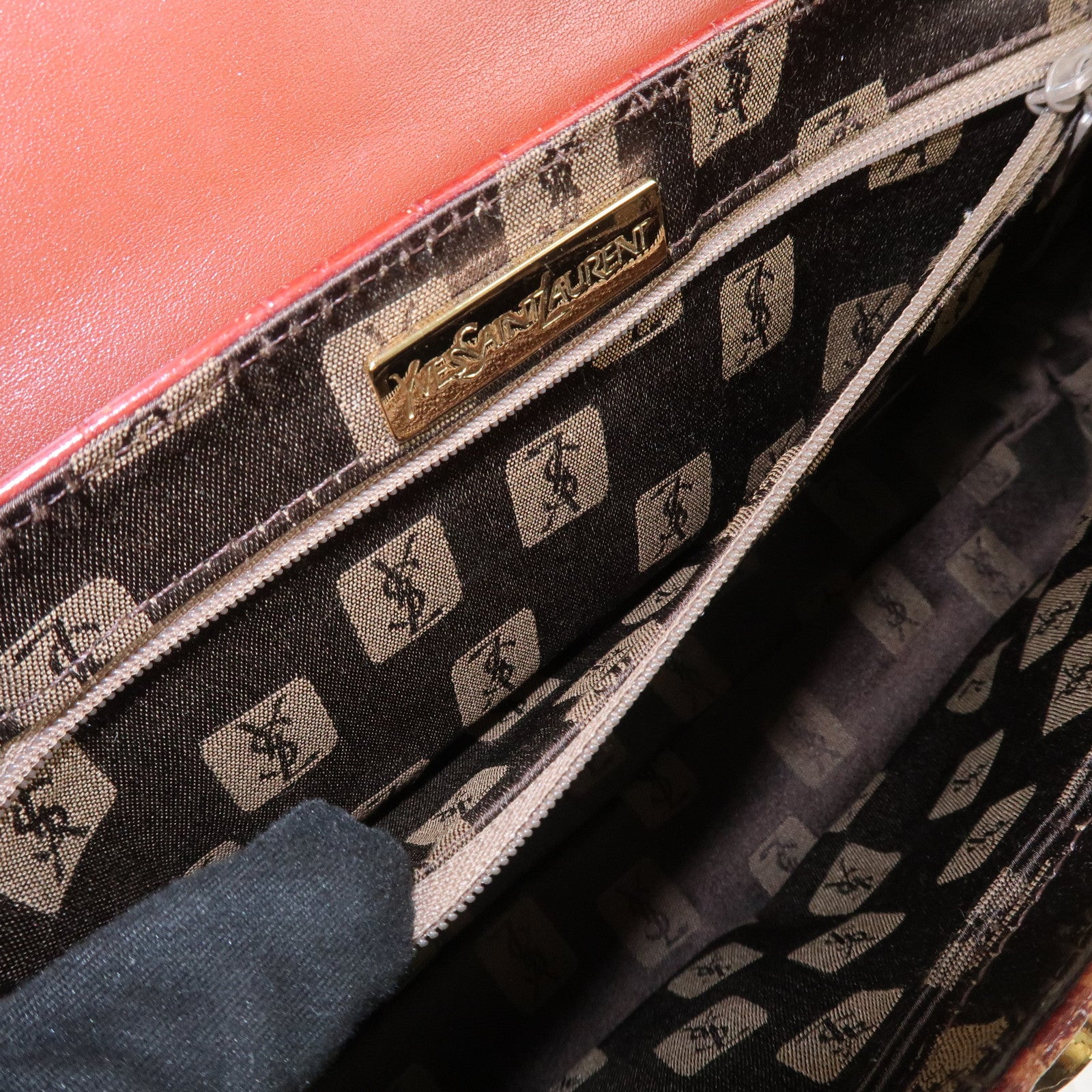 SAINT LAURENT PARIS Embossed Leather Hand Bag Red Brown
