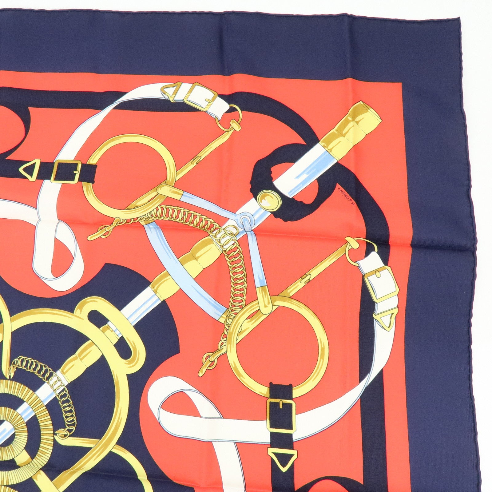 HERMES Carre 90 Silk 100% Scarf Eperon d'or Navy Red