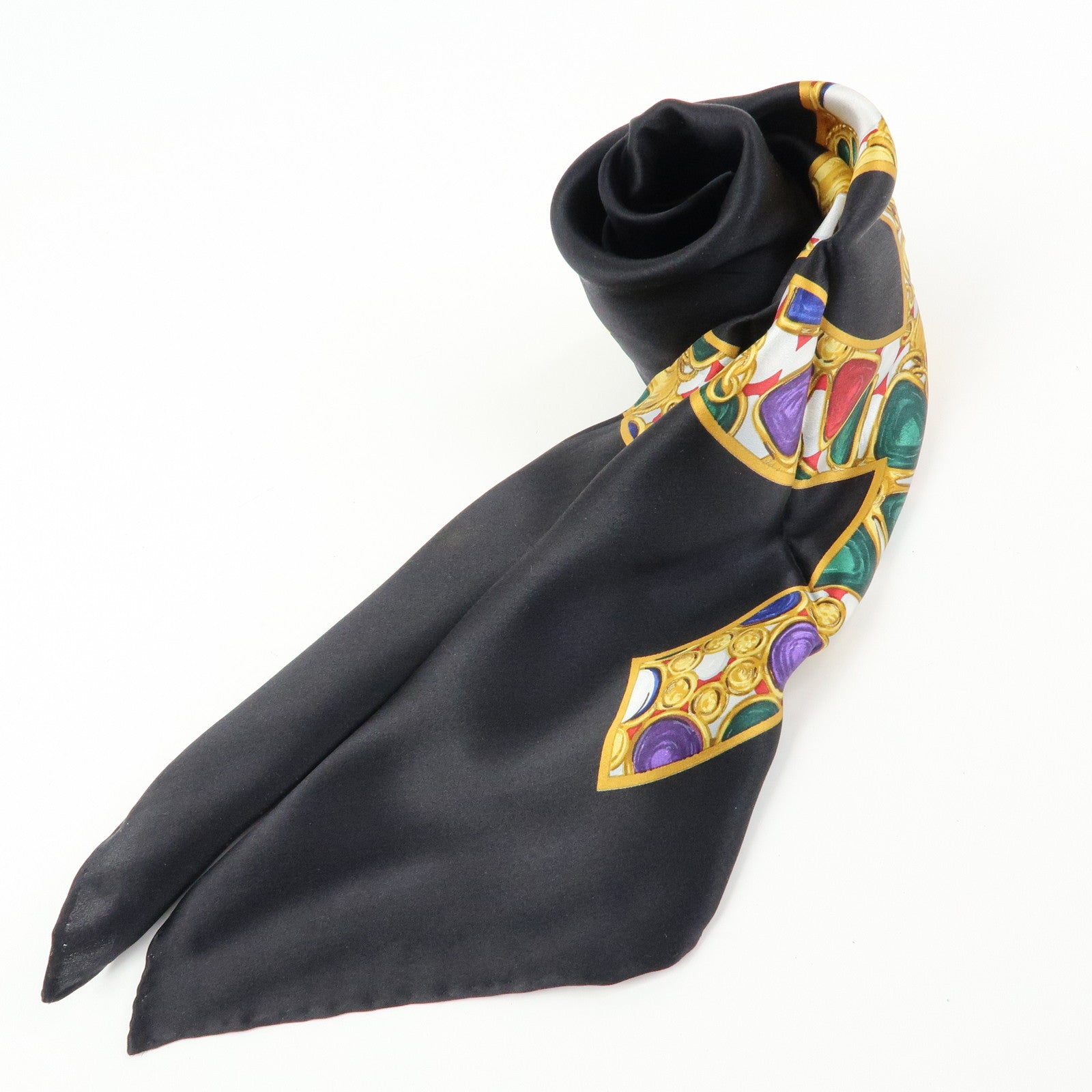 CHANEL COCO Mark Jewelry Silk 100% Scarf Black Yellow Multicolor