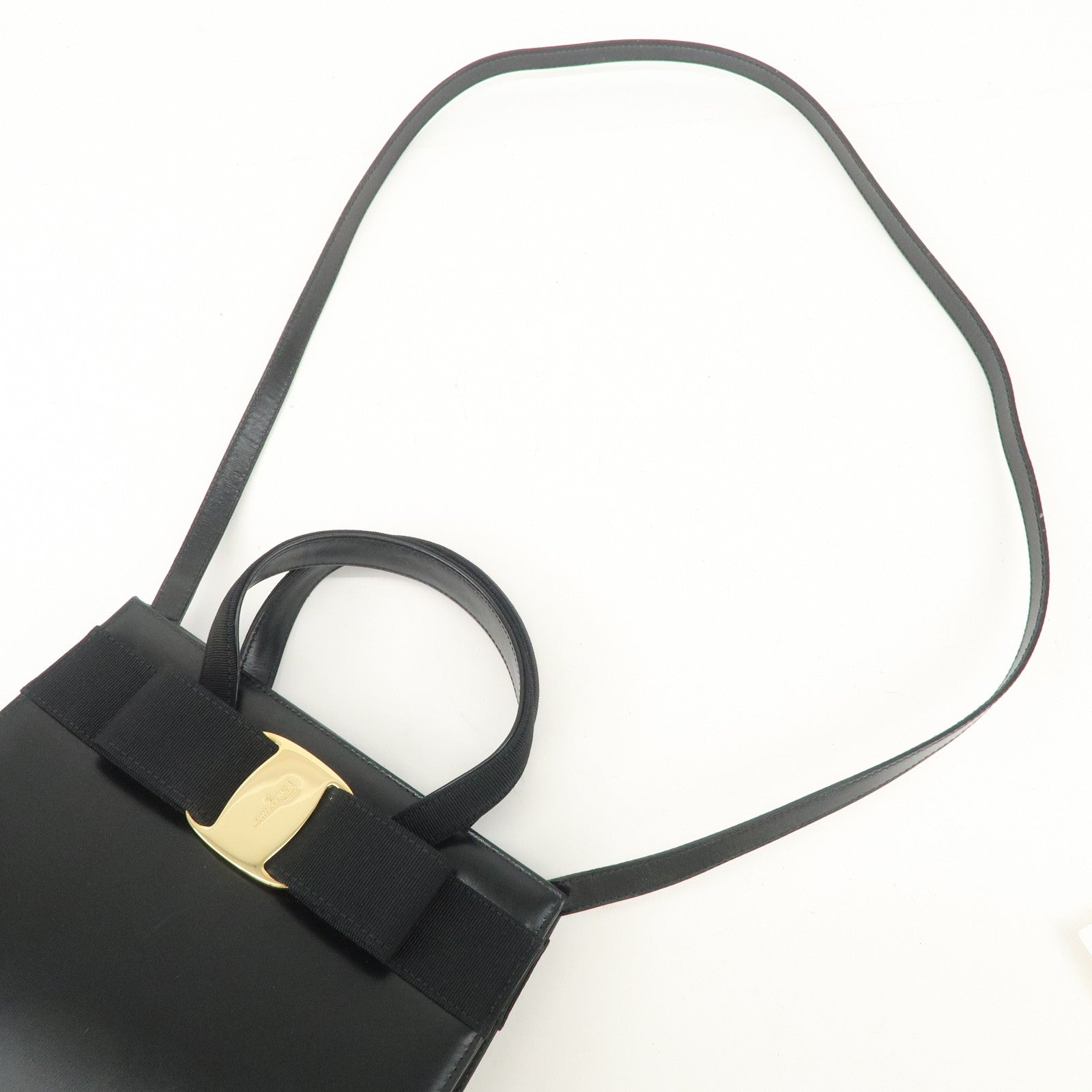 Ferragamo Vara Leather 2Way Hand Bag Shoulder Bag Black Used