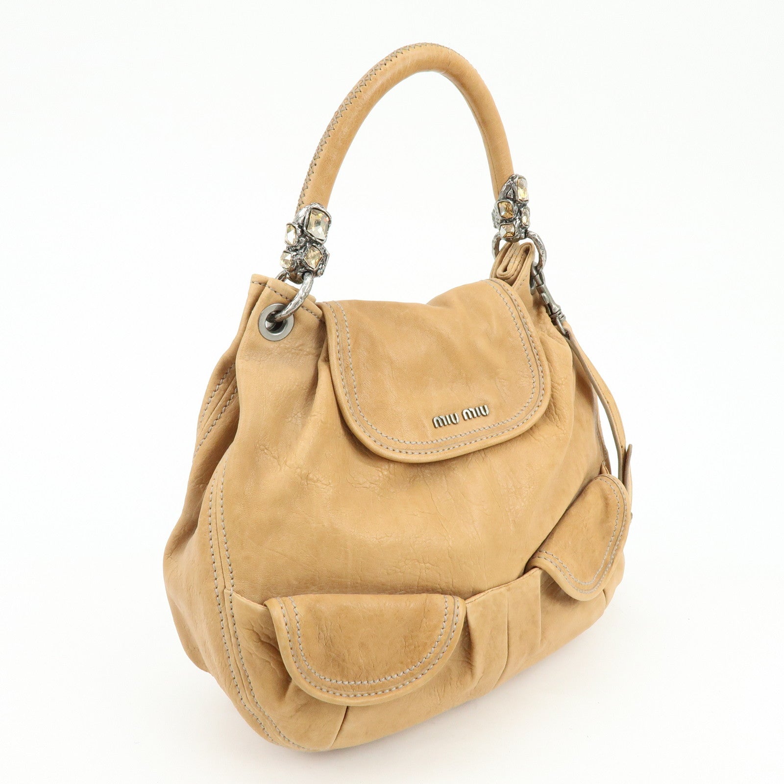 MIU MIU Leather 2Way Bag Hand Bag Shoulder Bag Brown Crystal