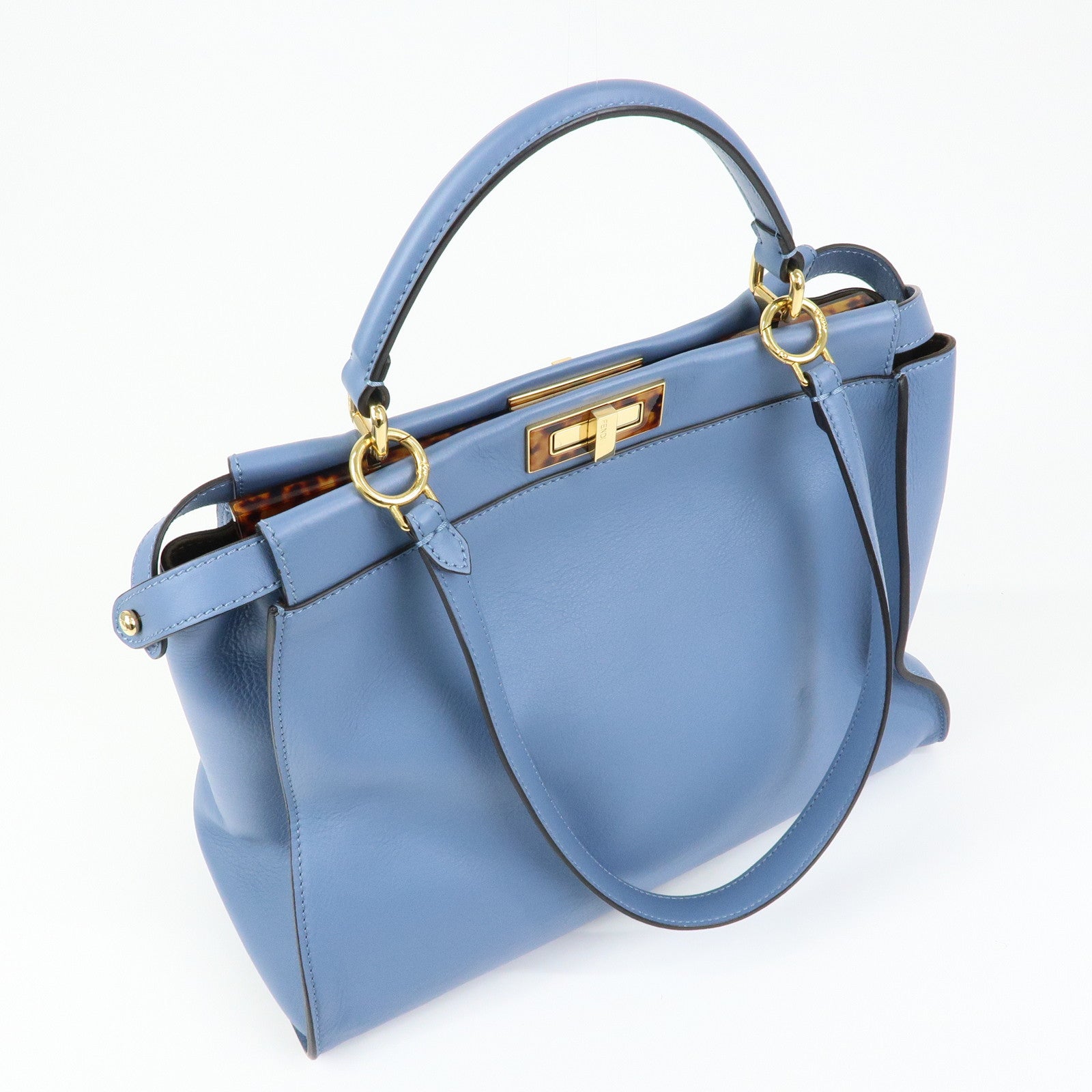 FENDI Peekaboo Leather 2Way Bag Tote Shoulder Bag Light Blue 8BN210