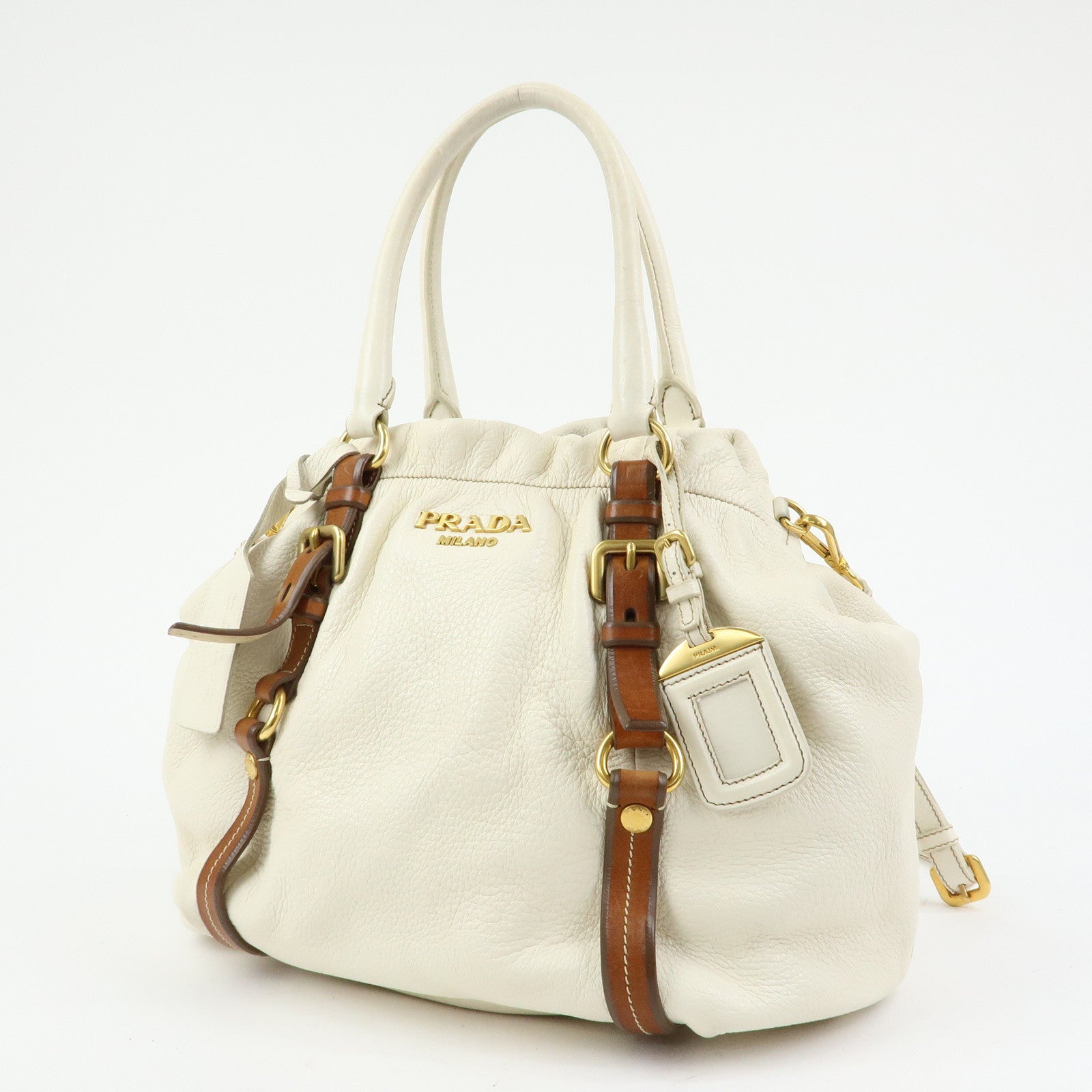 PRADA Leather 2Way Bag Hand Bag Shoulder Bag Ivory Brown BN1773