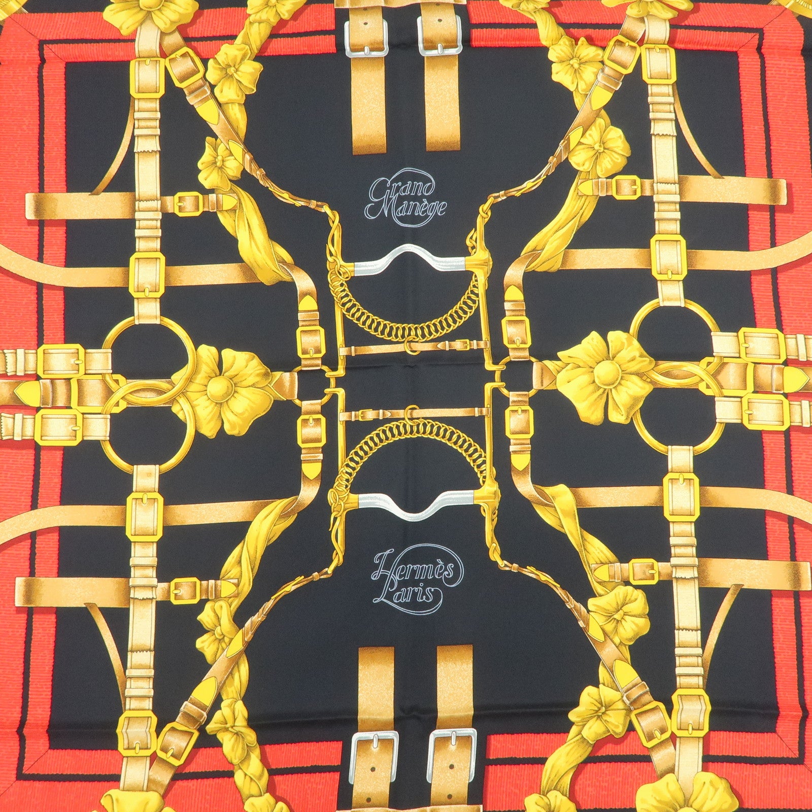 HERME Carre 90 Silk 100% Scarf Grand Manege Black Yellow