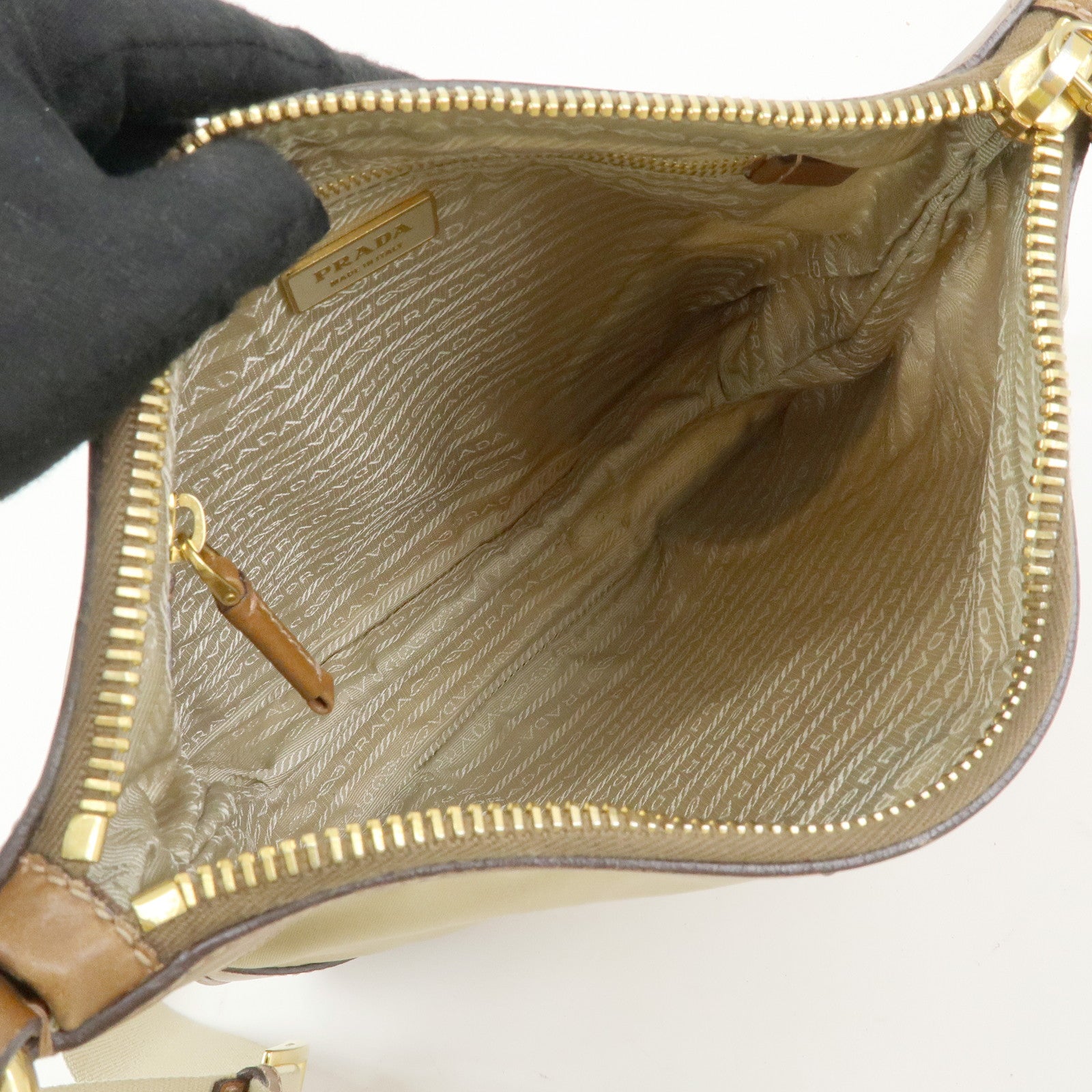 PRADA Triangle Logo Nylon Leather Shoulder Bag Crossbody Bag Beige