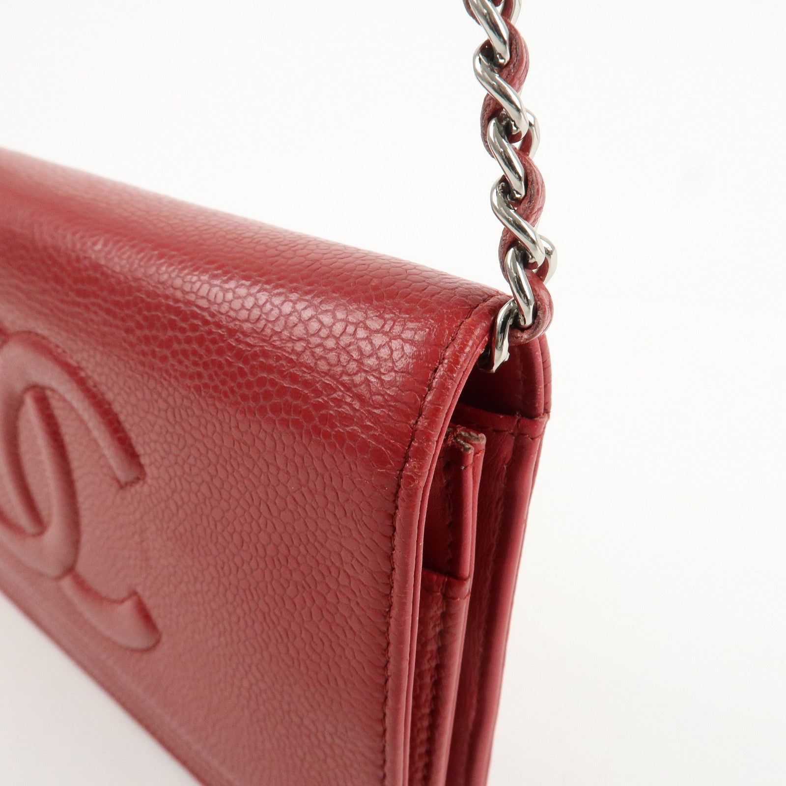 CHANEL COCO Mark Caviarskin Chain Shoulder Bag Wallet Red A48654