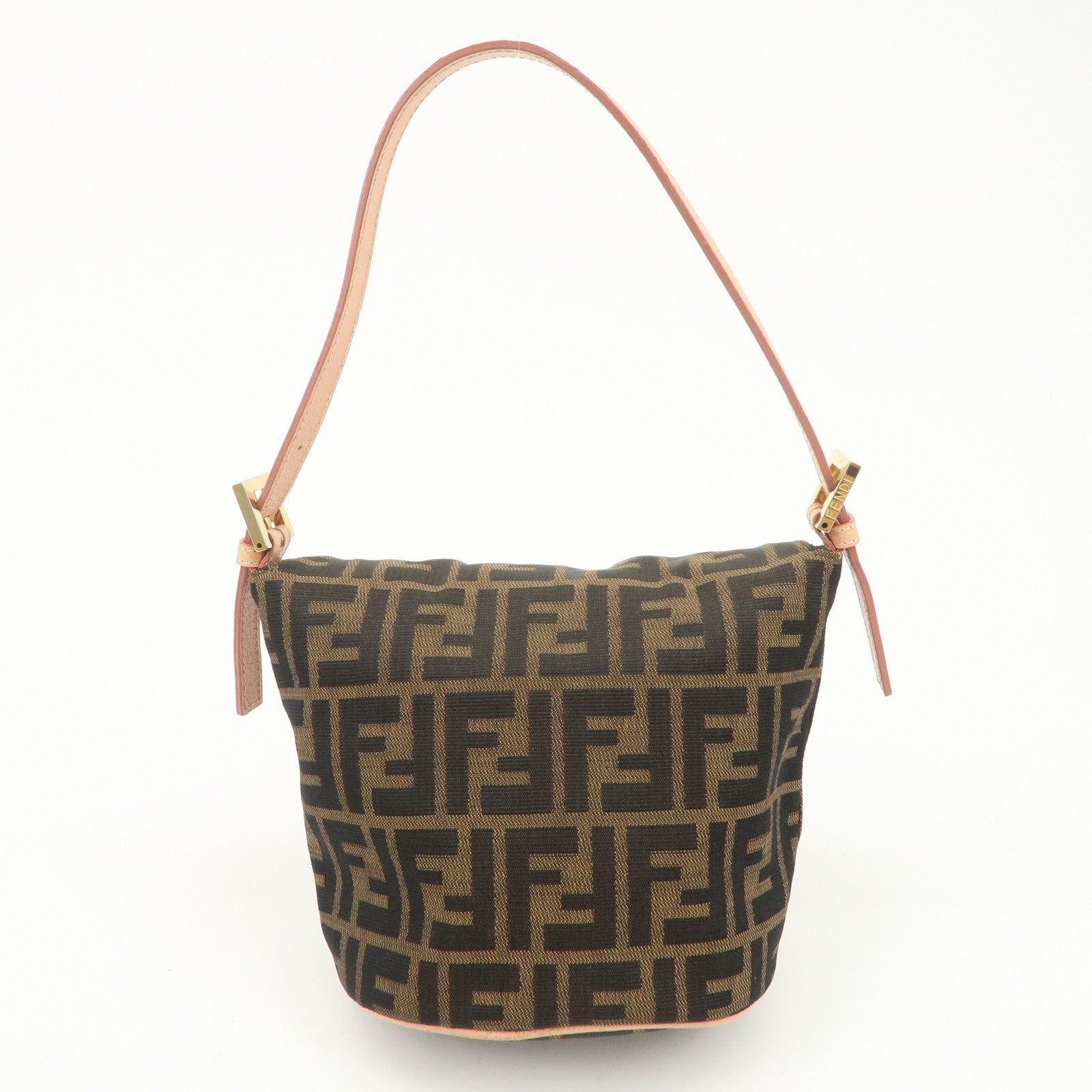 FENDI Zucca Canvas Leather Shoulder Bag Black Pink Flower Motif