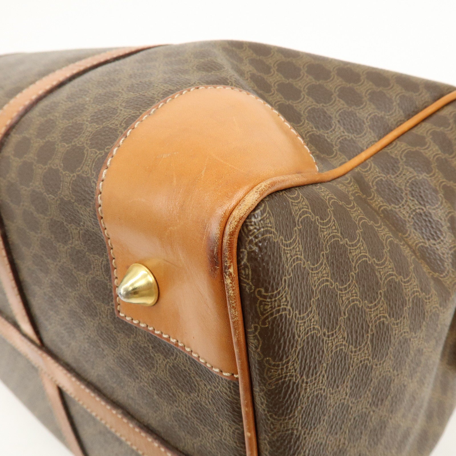 CELINE Macadam PVC Coated Canvas Leather Boston Bag Hand Bag Brown