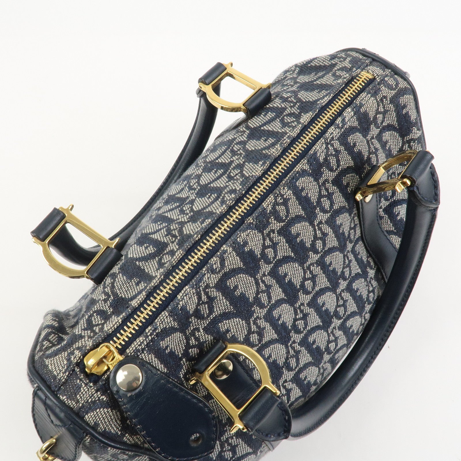 Christian Dior Trotter Jacquard Canvas Leather Boston Bag Navy