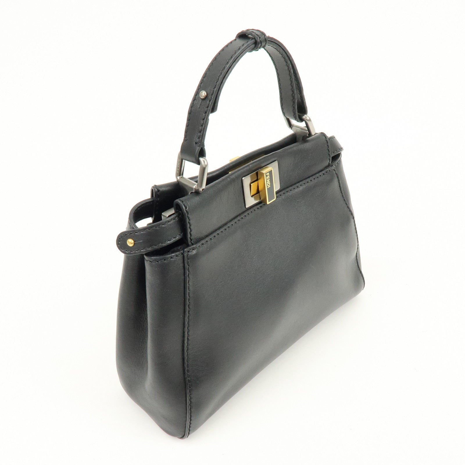 FENDI Peekaboo Leather 2Way Bag Hand Bag Shoulder Bag Black 8BN227