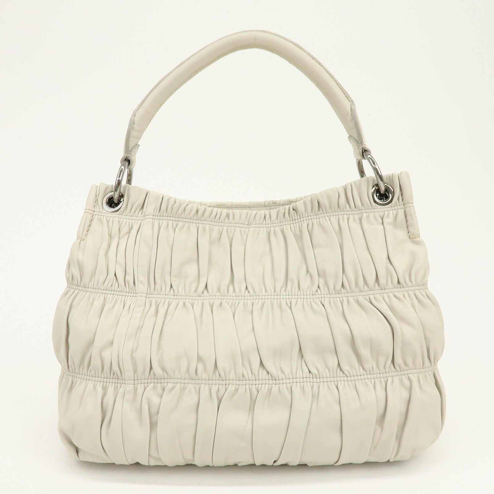 PRADA Gathered Leather Shoulder Bag Hand Bag Light Beige