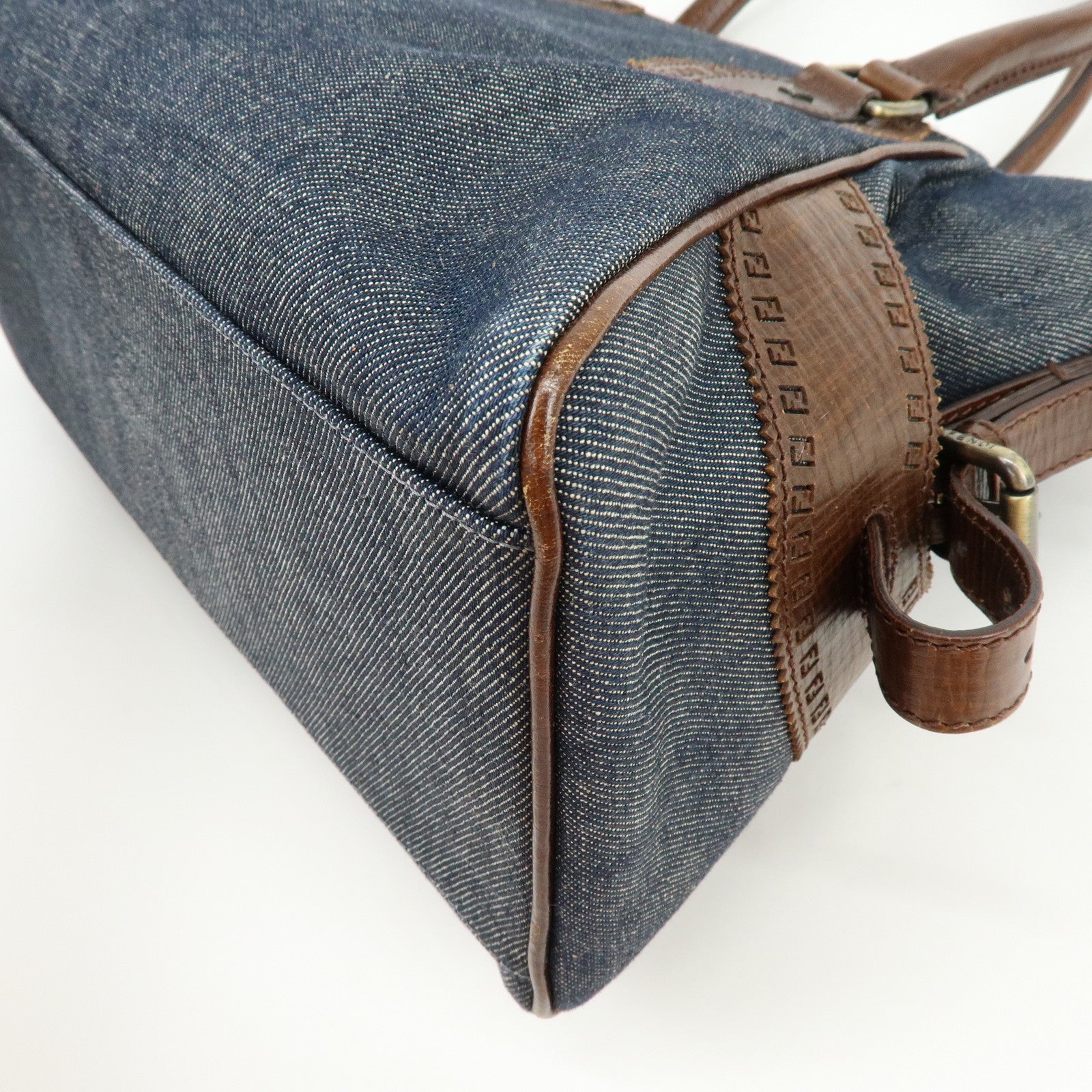 FENDI Etnico Zucca Denim Leather Shoulder Bag Blue Brown 8BN157