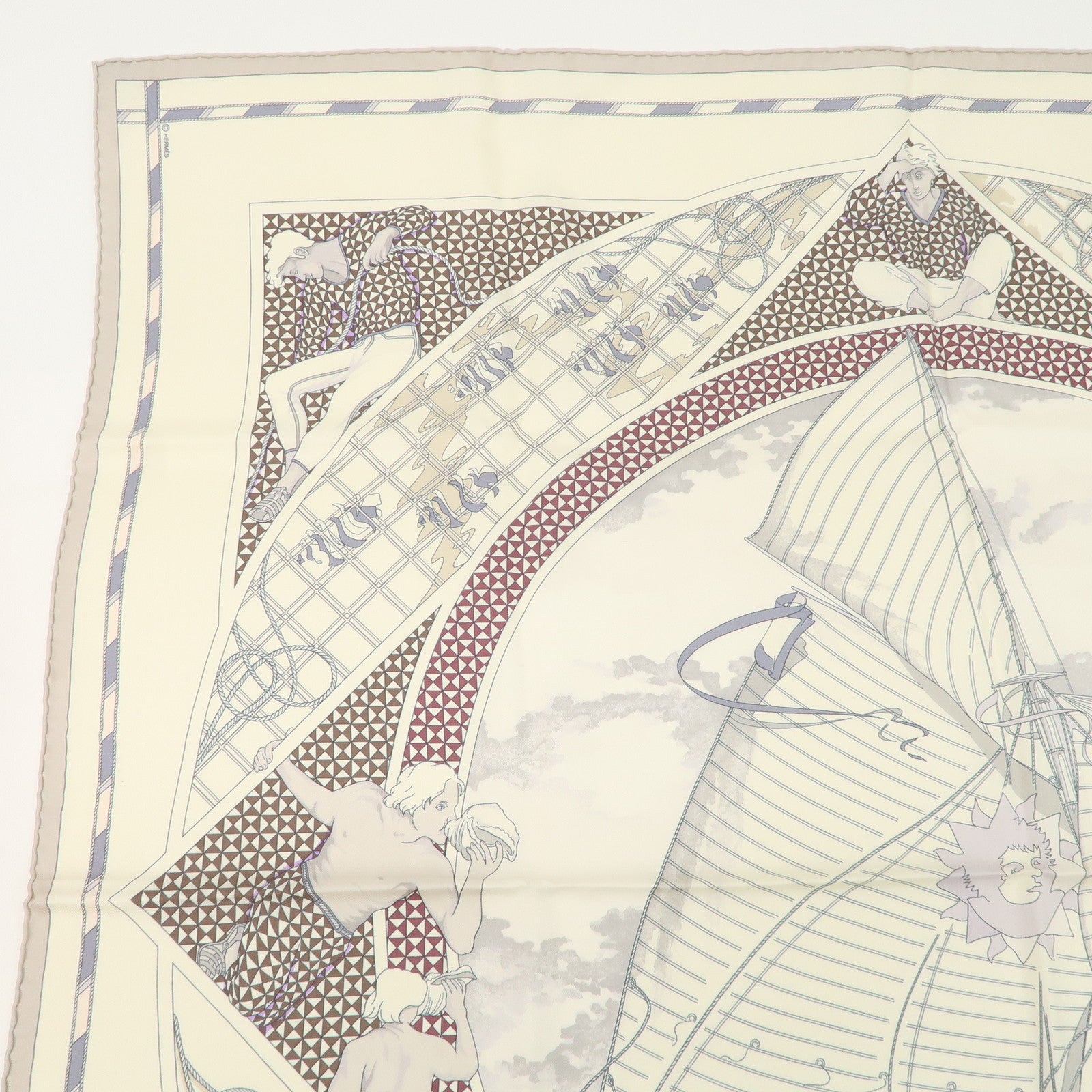 HERMES Carre 90 Silk 100% Scarf VOYAGE au LONGCOURS Ivory Used