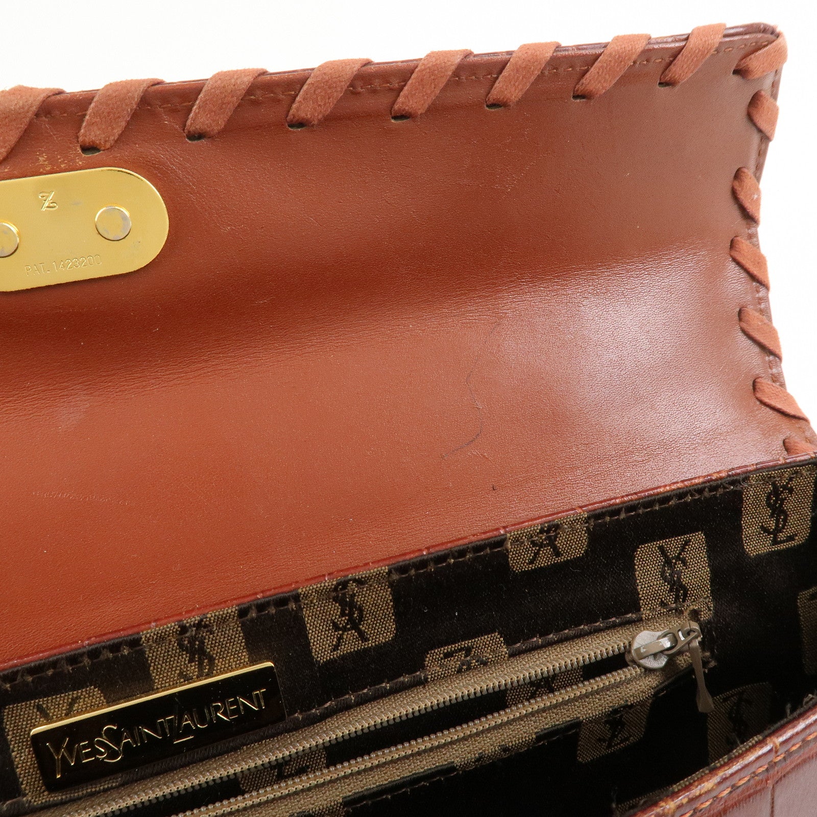 SAINT LAURENT PARIS Embossed Leather Hand Bag Red Brown