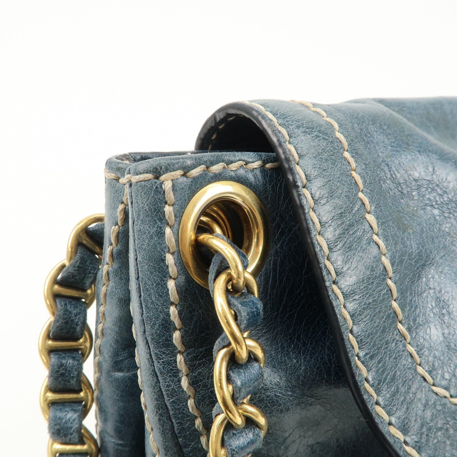 PRADA Leather Chain Shoulder Bag Blue Gold Hardware BR4659 Used