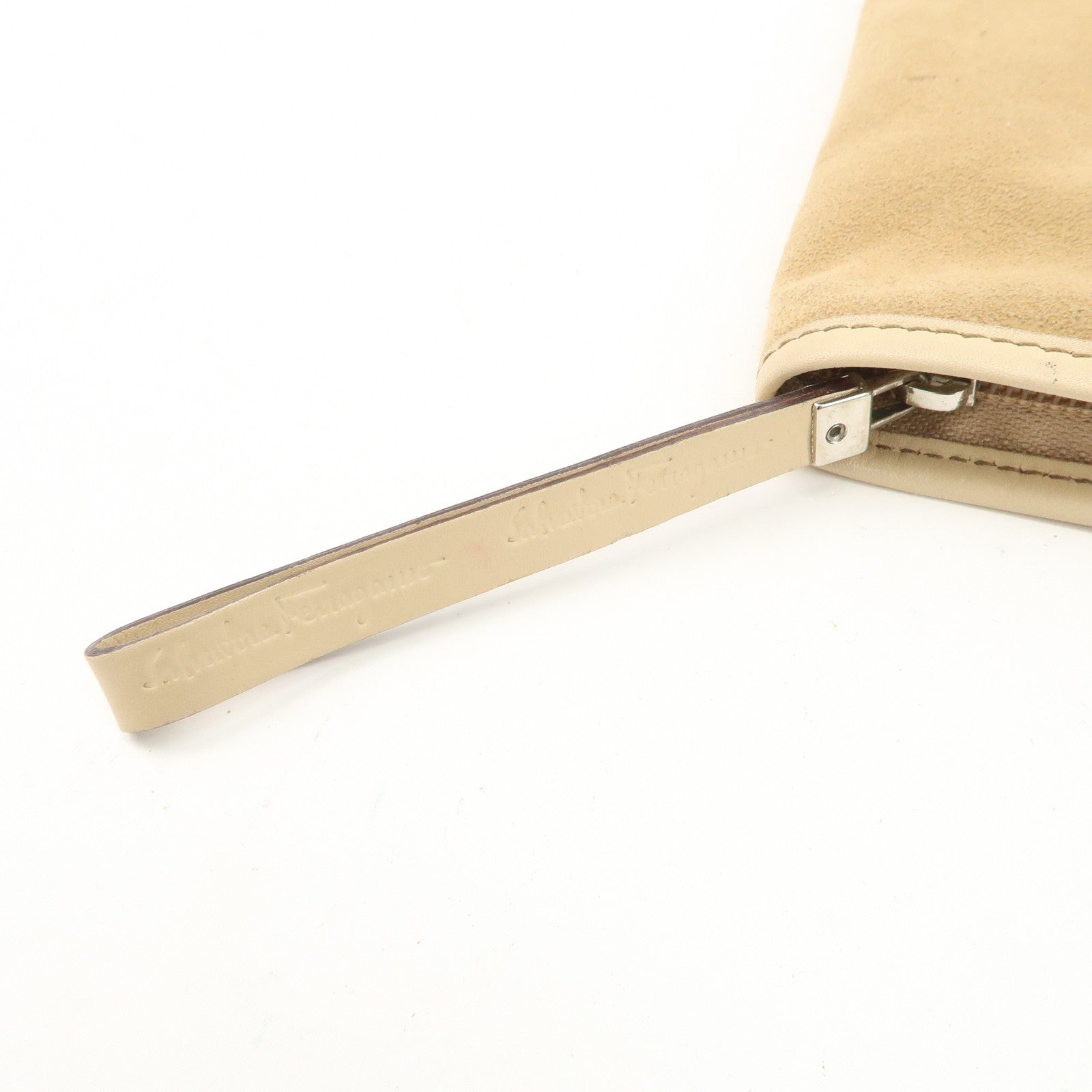 Ferragamo Gancini Vinyl Tote Bag Hand Bag Beige Khaki Silver HDW Used