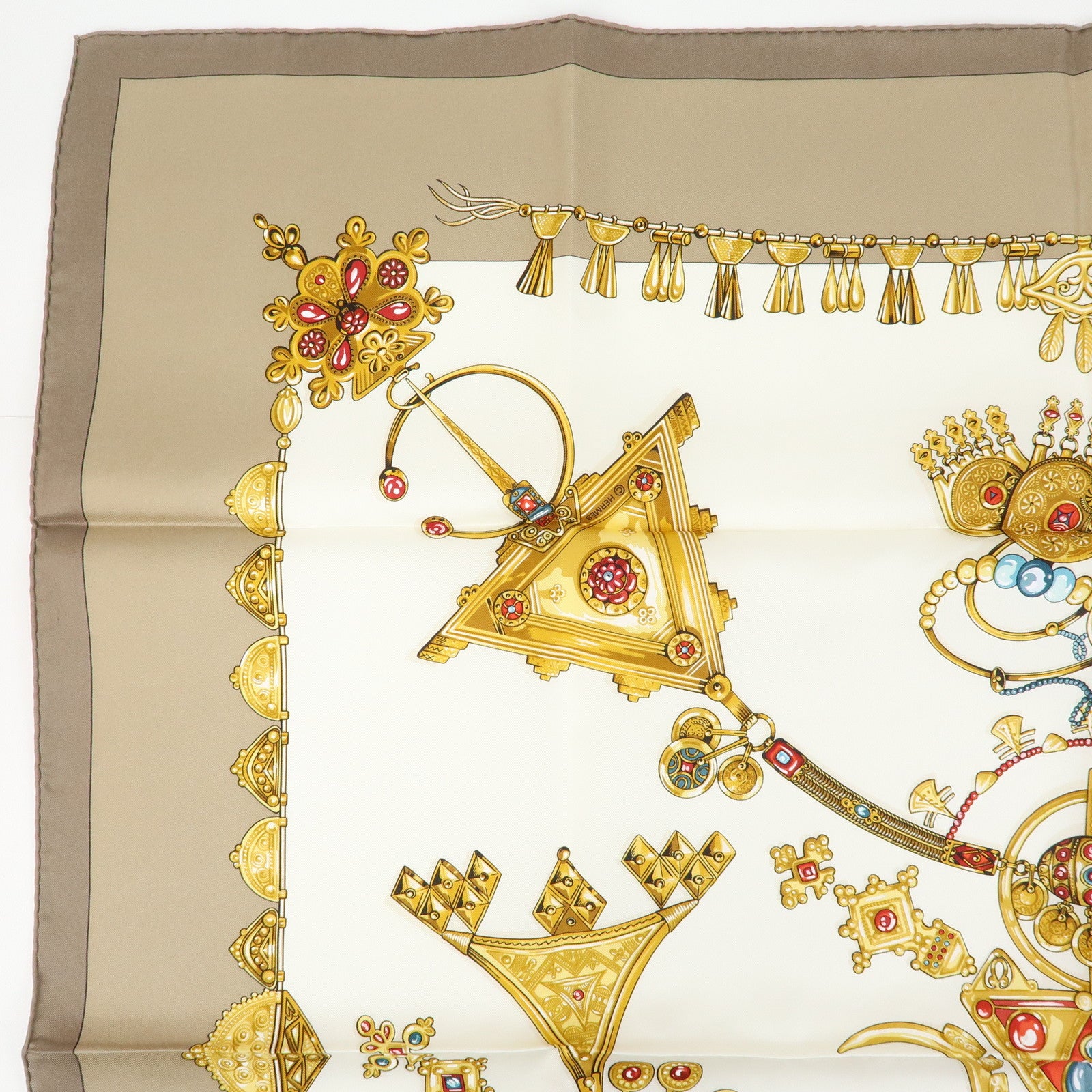 HERMES Carre 90 Silk 100% Scarf PARURES DES SABLES Gold Brown