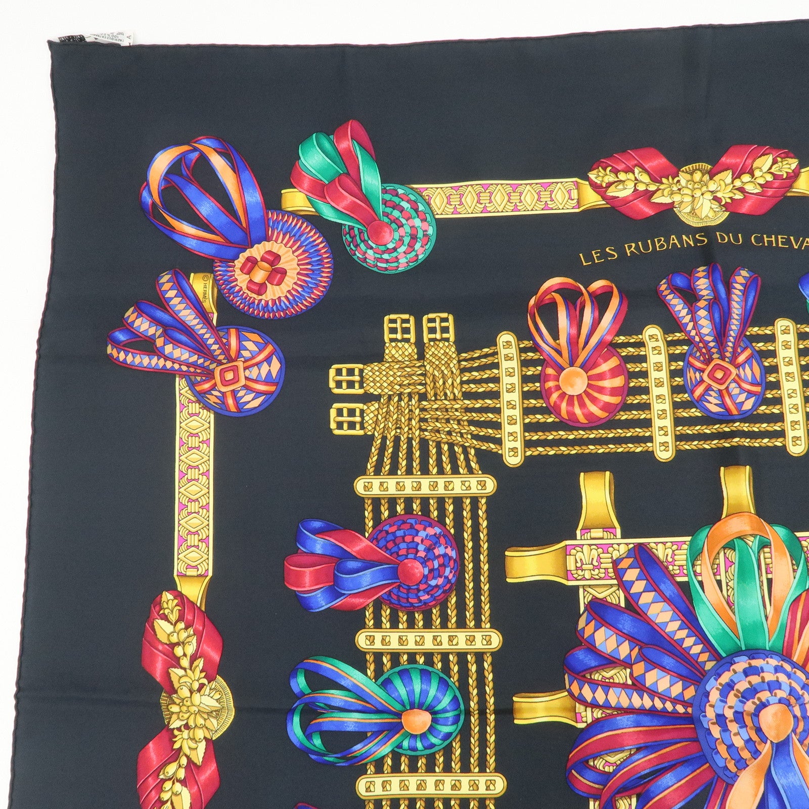 HERMES Carre 90 Silk 100% LES RUBANS DU CHEVAL Scarf Black