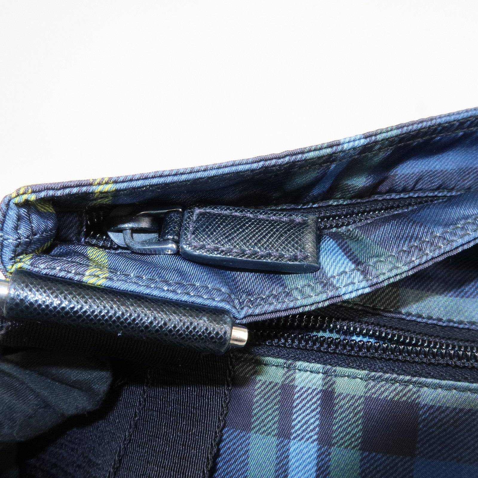 PRADA Triangle Logo Nylon Plaid Shoulder Bag Navy Multicolor VA053M Used