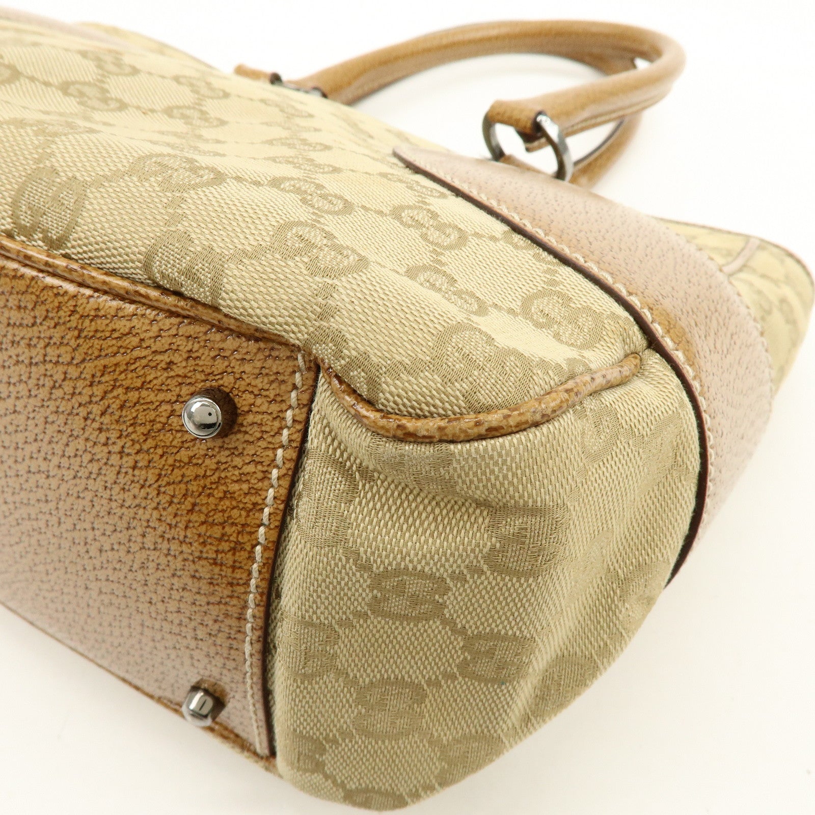 GUCCI GG Canvas Leather Tote Bag Hand Bag Beige Camel 113011