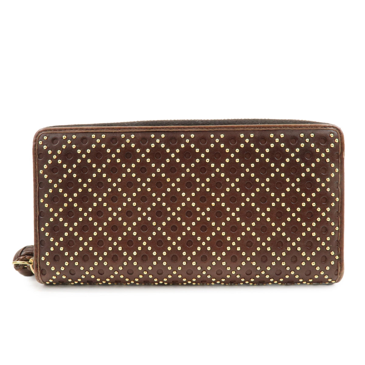GUCCI Leather Round Zippy Long Wallet Studs Brown Gold 264733