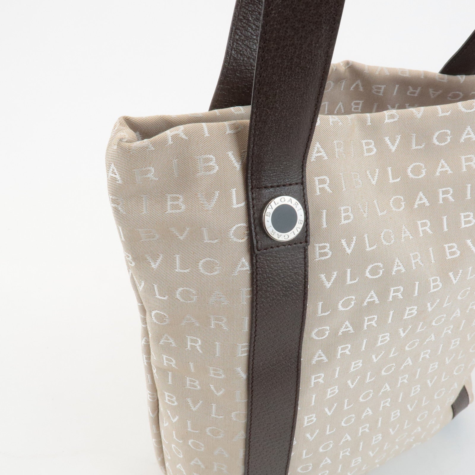 BVLGARI Logomania Canvas Leather Tote Bag Shoulder Bag Beige Dark Brown Used