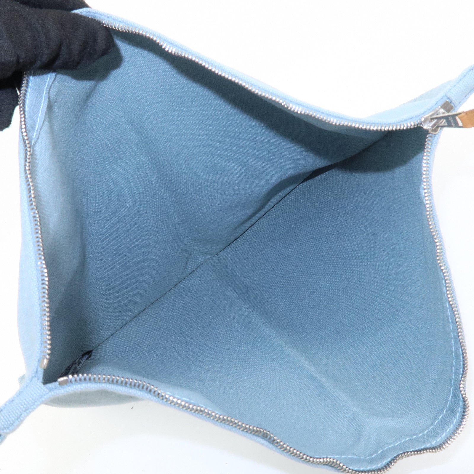 HERMES Bora Bora GM Cotton Leather Pouch Light Blue