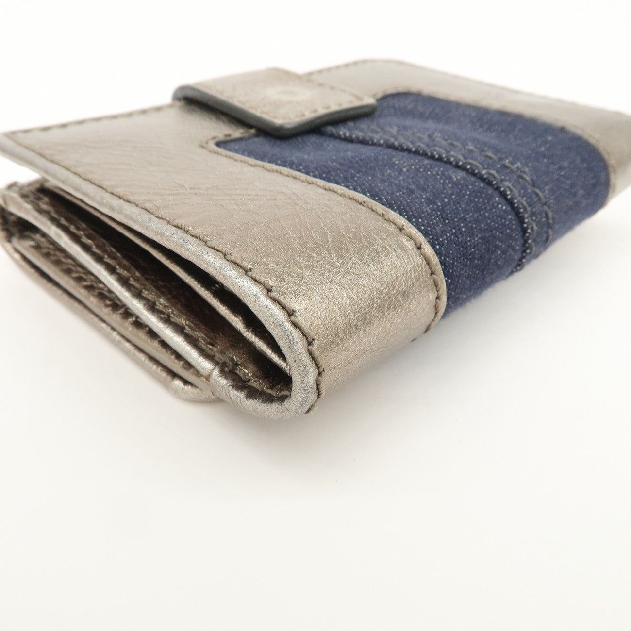 Chloe Harlee Leather Denim Bi-Fold Compact Wallet Silver Blue